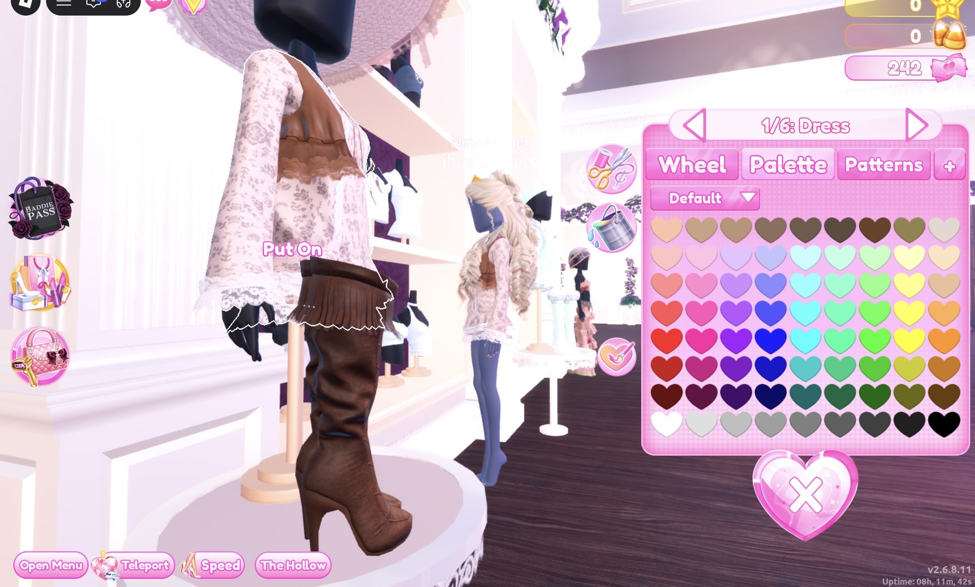 Colour panel open at 1/6: Dress beside the sun-hat mannequin wearing the boho dress and brown fringed knee boots