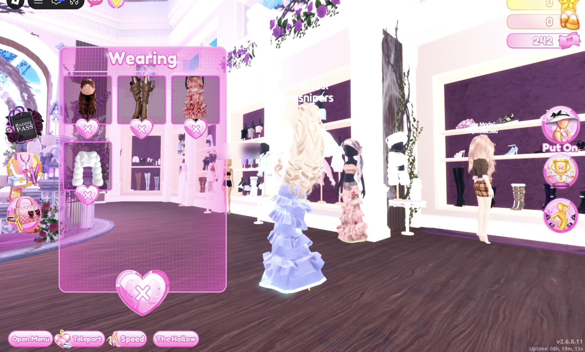 Wearing panel listing the hair, boots, ruffled gown and white fur jacket