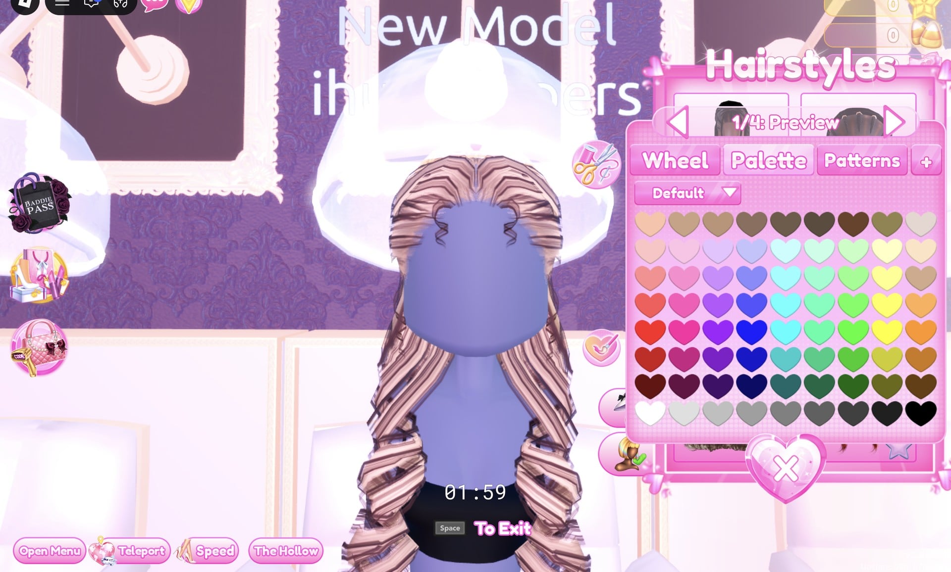 Hair colour panel on the 1/4: Preview part with the Default palette open