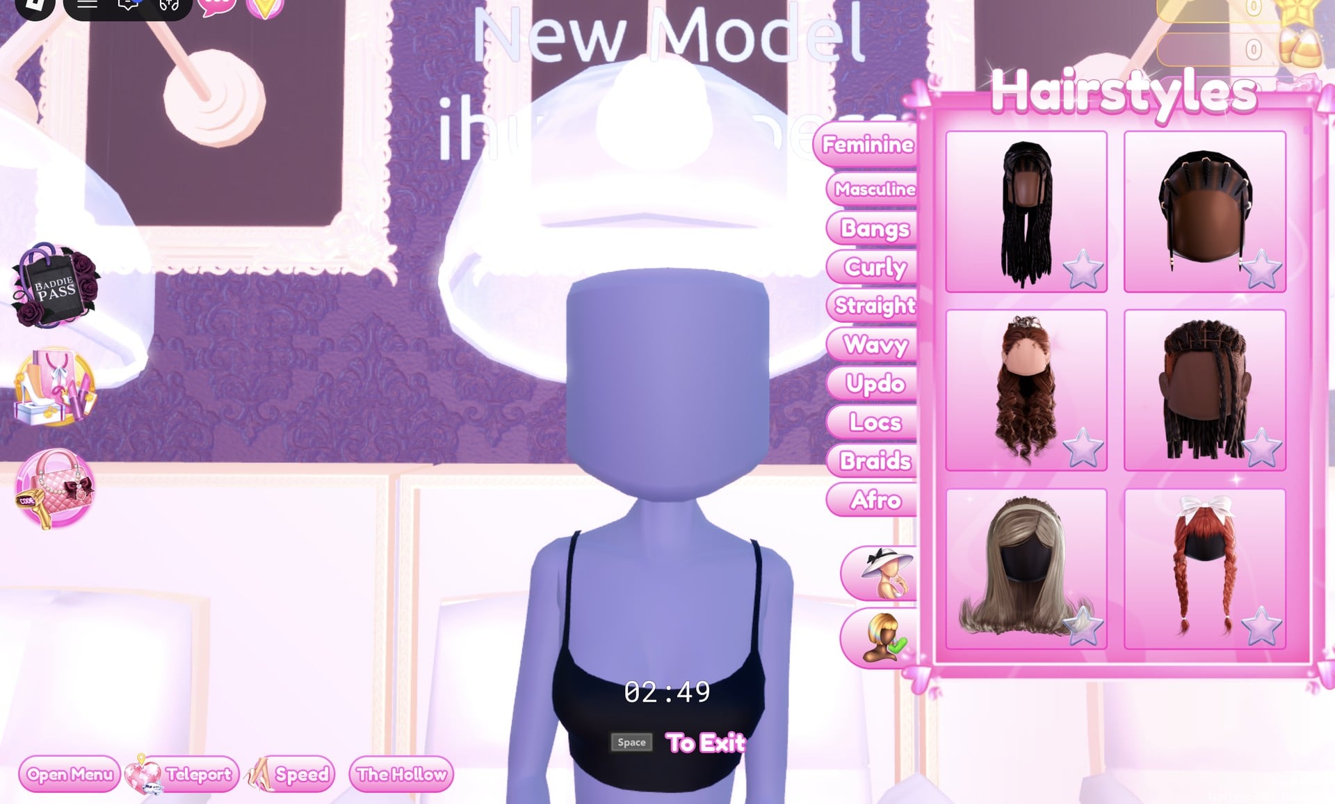 Hairstyles panel open at a Lana's Salon hair chair on the Feminine tab, with six hair cards