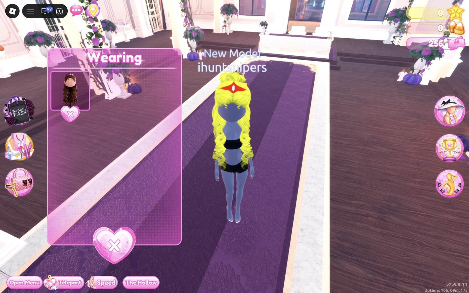 Wearing panel with only the hair, the character from behind in the black base top and shorts with long yellow curls and a red crown