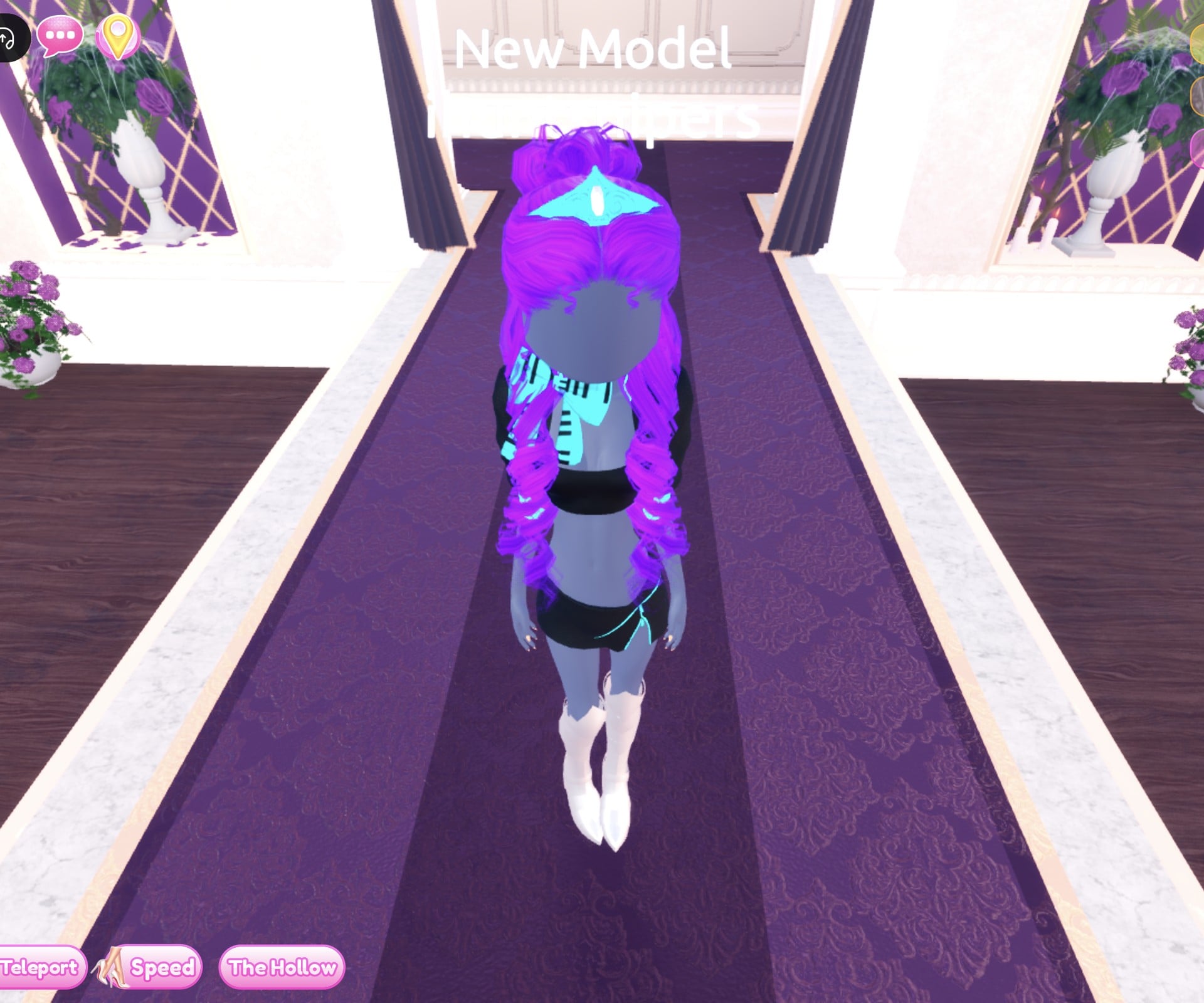 Neon DJ look on the Freeplay Runway: black crop top with a glowing cyan treble clef and piano keys, black mini with cyan trim, silver-white strap boots, violet curls and a cyan crown