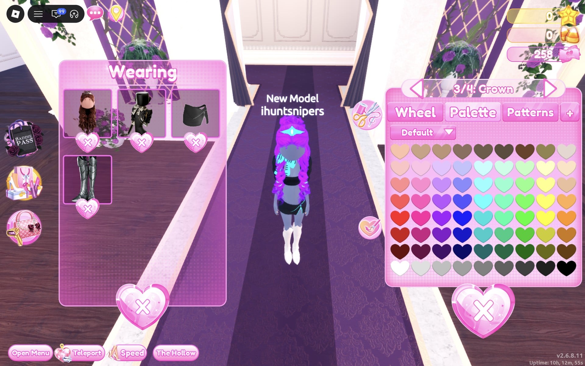 Colour panel at 3/4: Crown, the character with glowing violet curls and a cyan crown