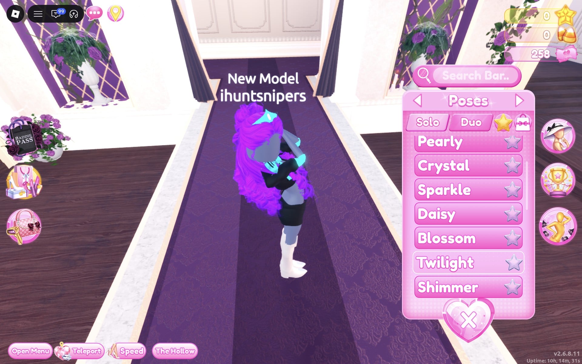 Poses menu on the Solo tab listing Pearly, Crystal, Sparkle, Daisy, Blossom, Twilight and Shimmer, the neon look on the Freeplay Runway