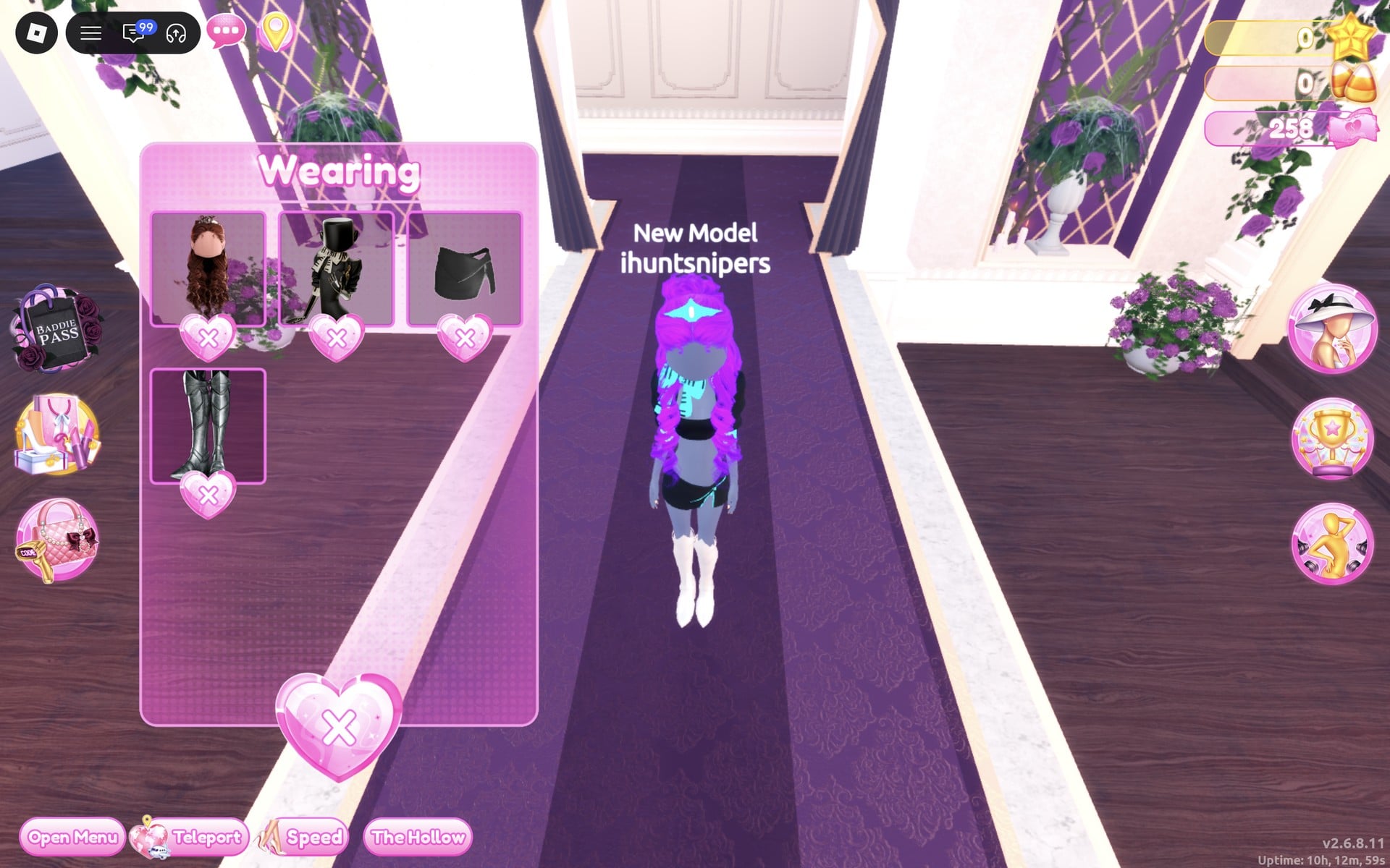 Wearing panel showing brown curls and dark pieces while the character on the runway has violet curls and cyan Neon details