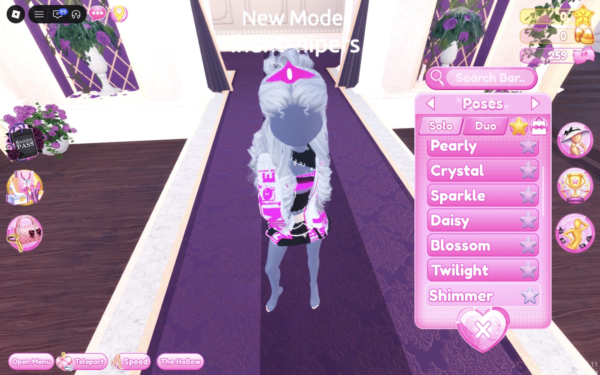 Poses menu on the Solo tab with Shimmer at the bottom of the list, the silver look on the Freeplay Runway
