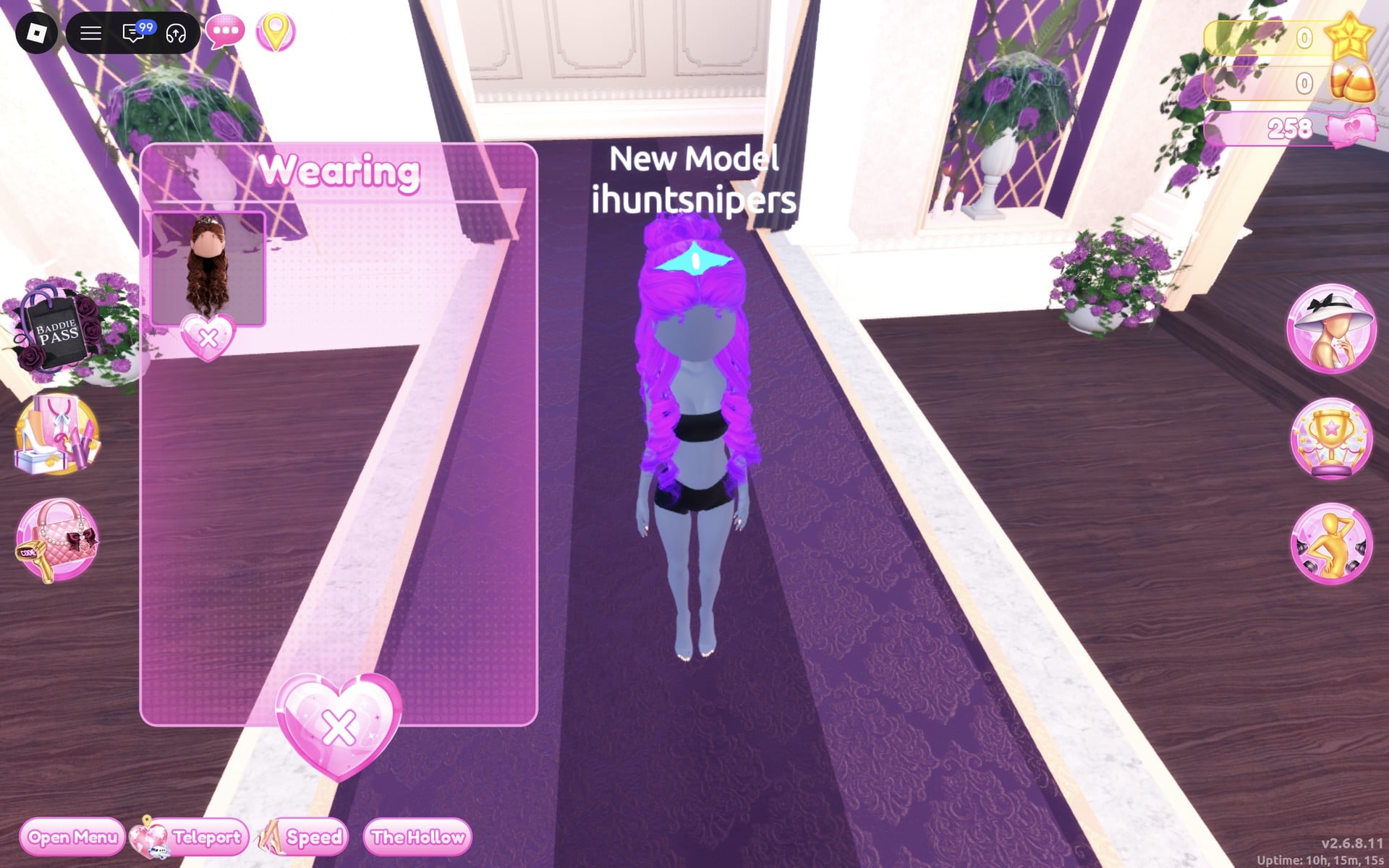 Wearing panel with only the hair left, the character in the black base top and shorts with violet curls and a cyan crown