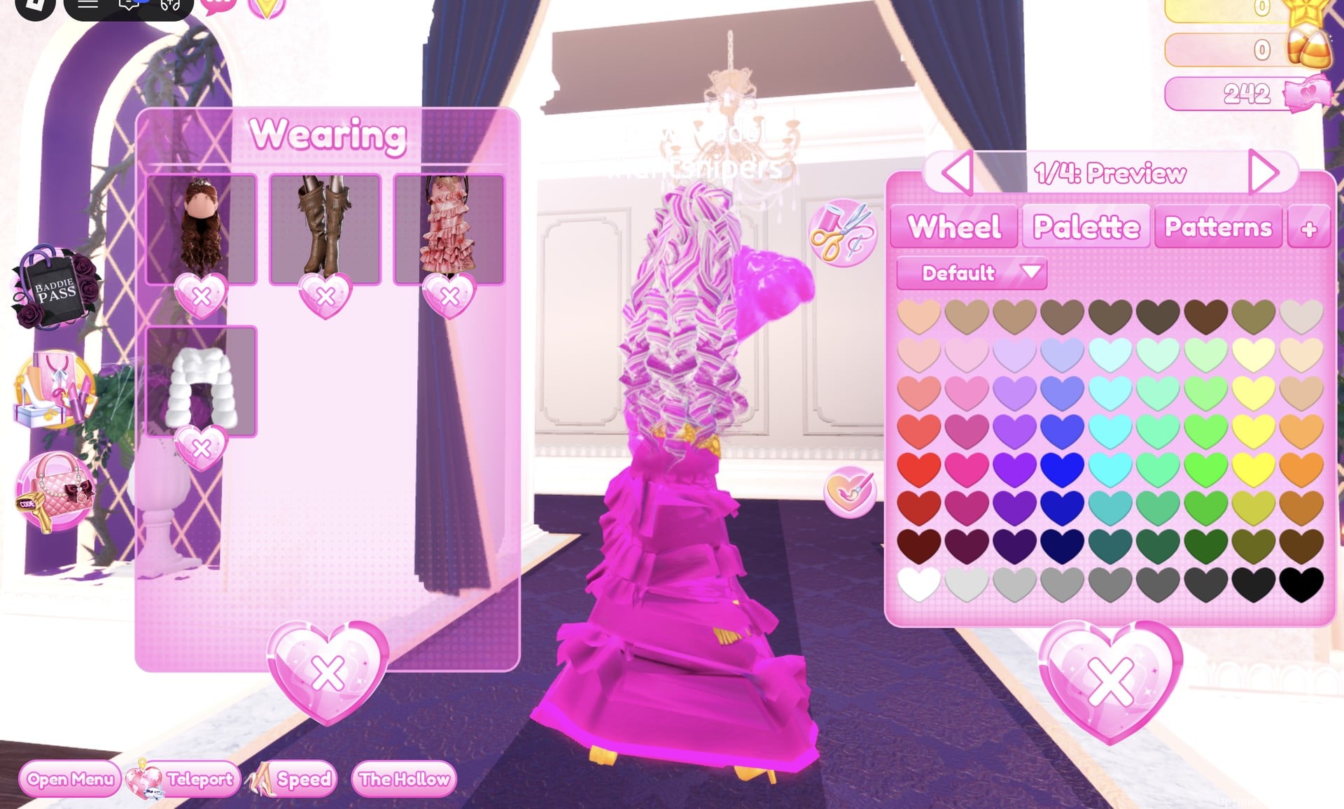 Palette tab of the colour panel on the hair's 1/4: Preview part, Default palette grid of hearts, Wearing panel open