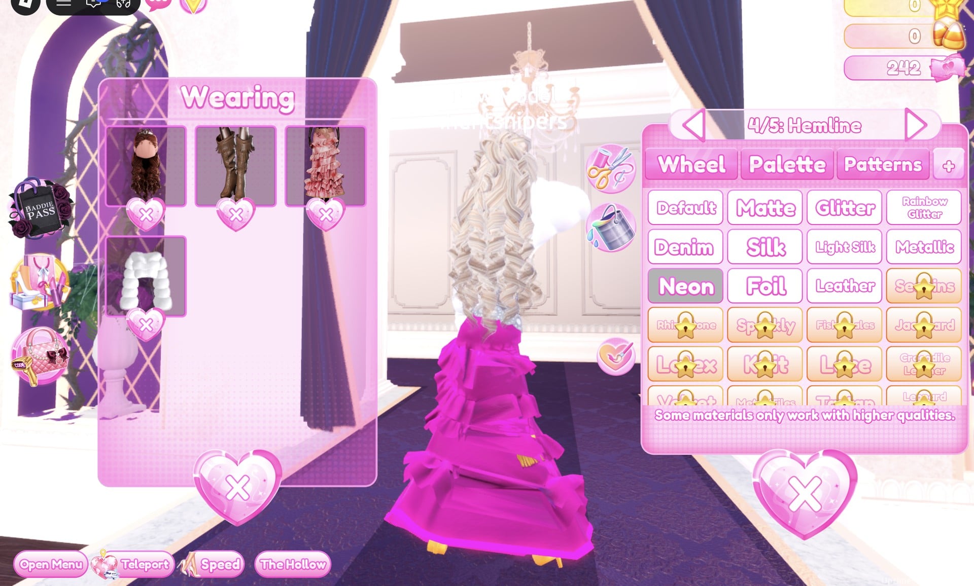 The gown's 4/5: Hemline part with Neon selected in the + tab