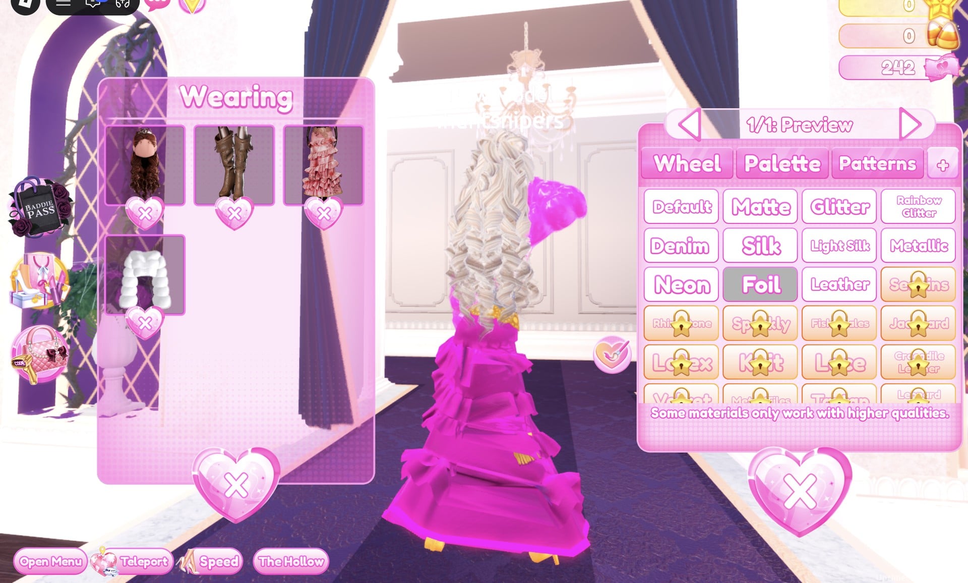 The fur jacket's 1/1: Preview part with Foil selected, the jacket sleeve showing shiny pink