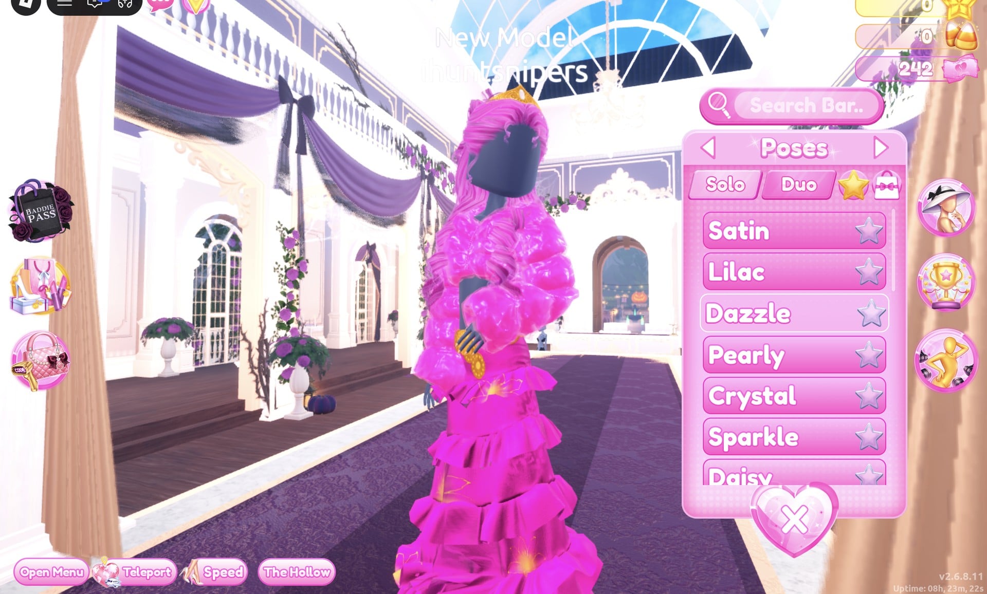 Poses panel on the Solo tab listing Satin, Lilac, Dazzle, Pearly, Crystal, Sparkle and Daisy, character in the hot pink look