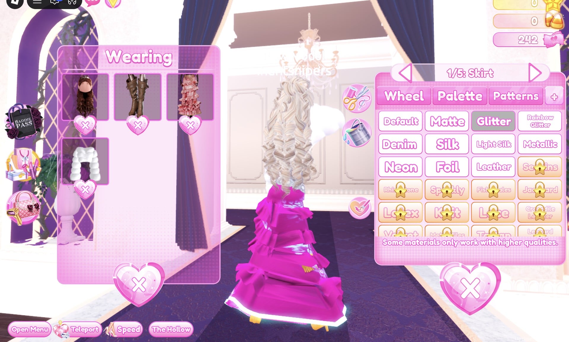 Colour panel on the gown's 1/5: Skirt part with Glitter selected in the + tab, hot pink gown on the character