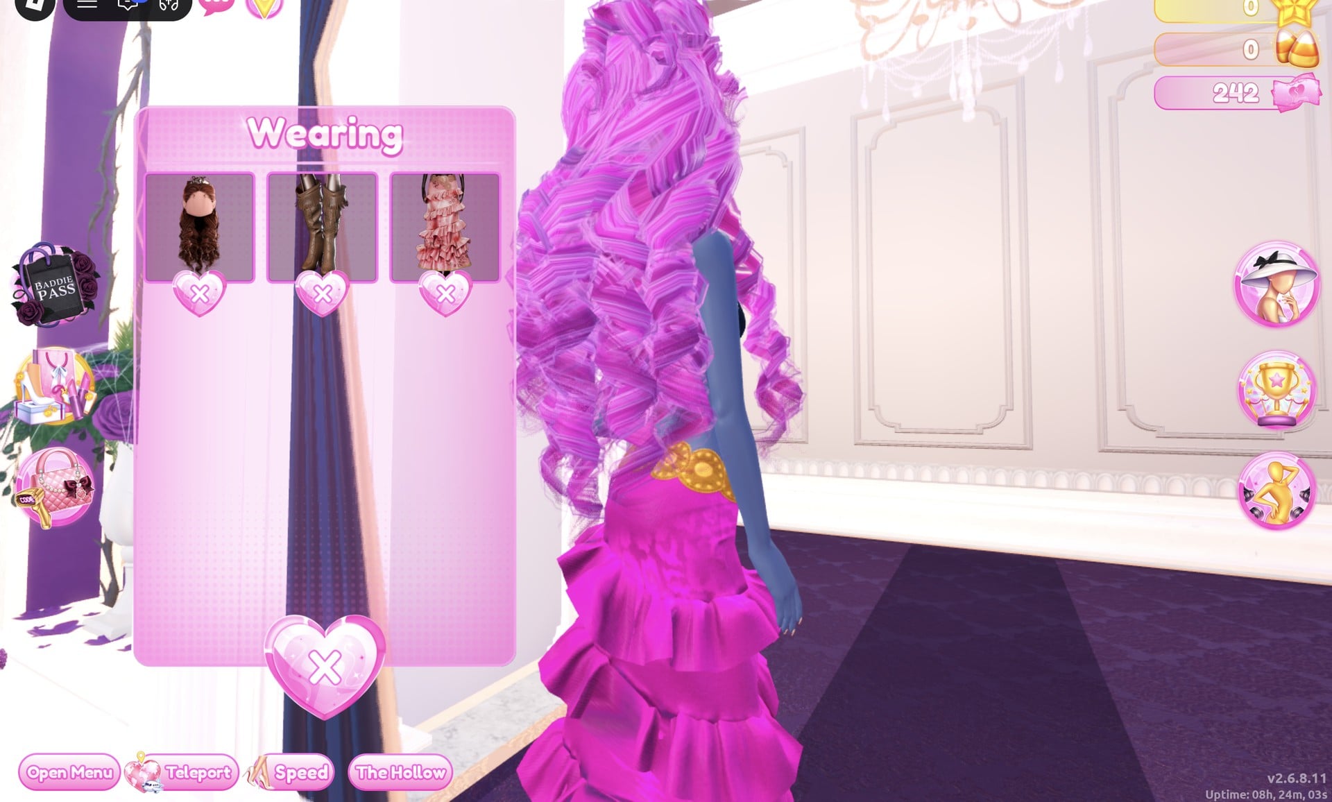 Wearing panel with the hair, boots and gown after the fur jacket was taken off, hot pink gown and pink hair on the character