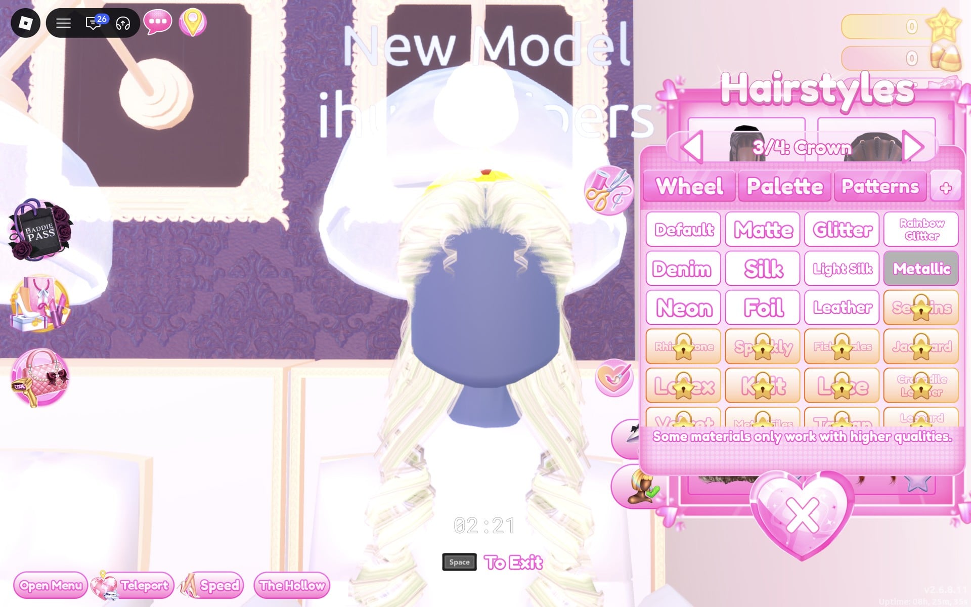 The hair's 3/4: Crown part with Metallic selected in the + tab