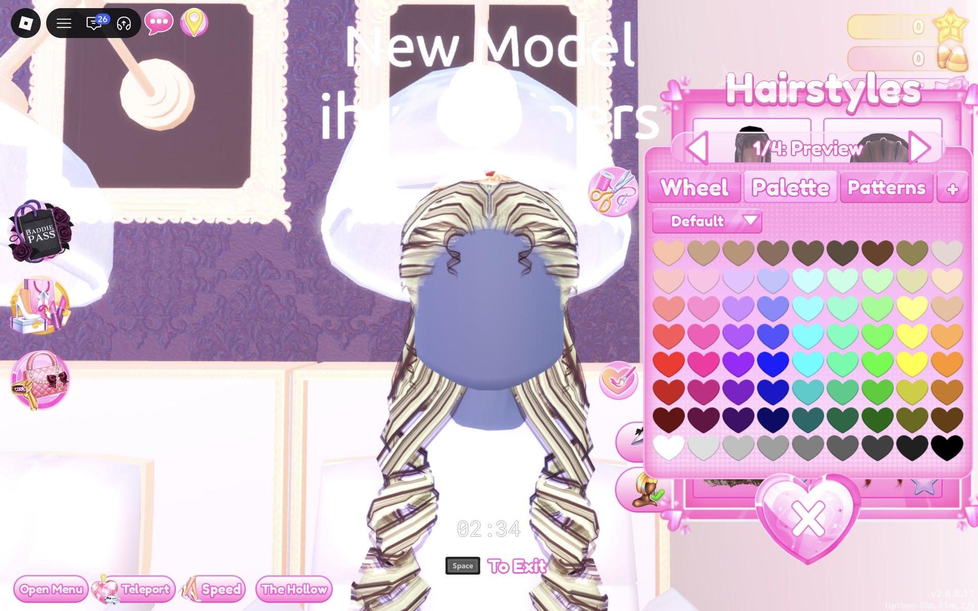 Palette tab of the colour panel on the hair's 1/4: Preview part, the Default palette of hearts, the curls turning pale