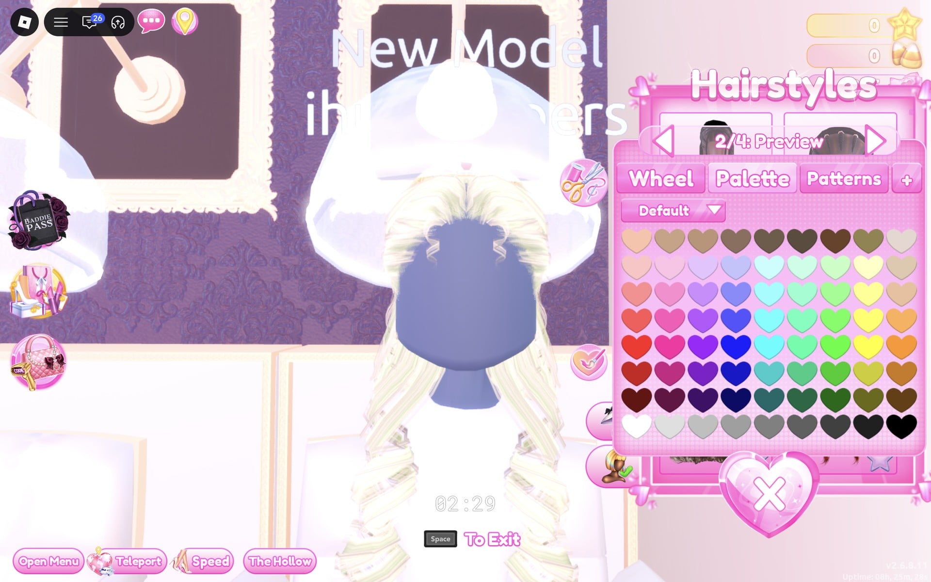 The hair's 2/4: Preview part on the Palette tab, pale blonde curls on the character