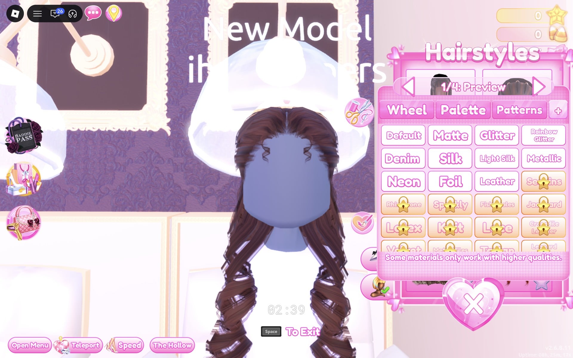 The long brown curls from the 3rd Feminine card previewing on the character, colour panel at 1/4: Preview