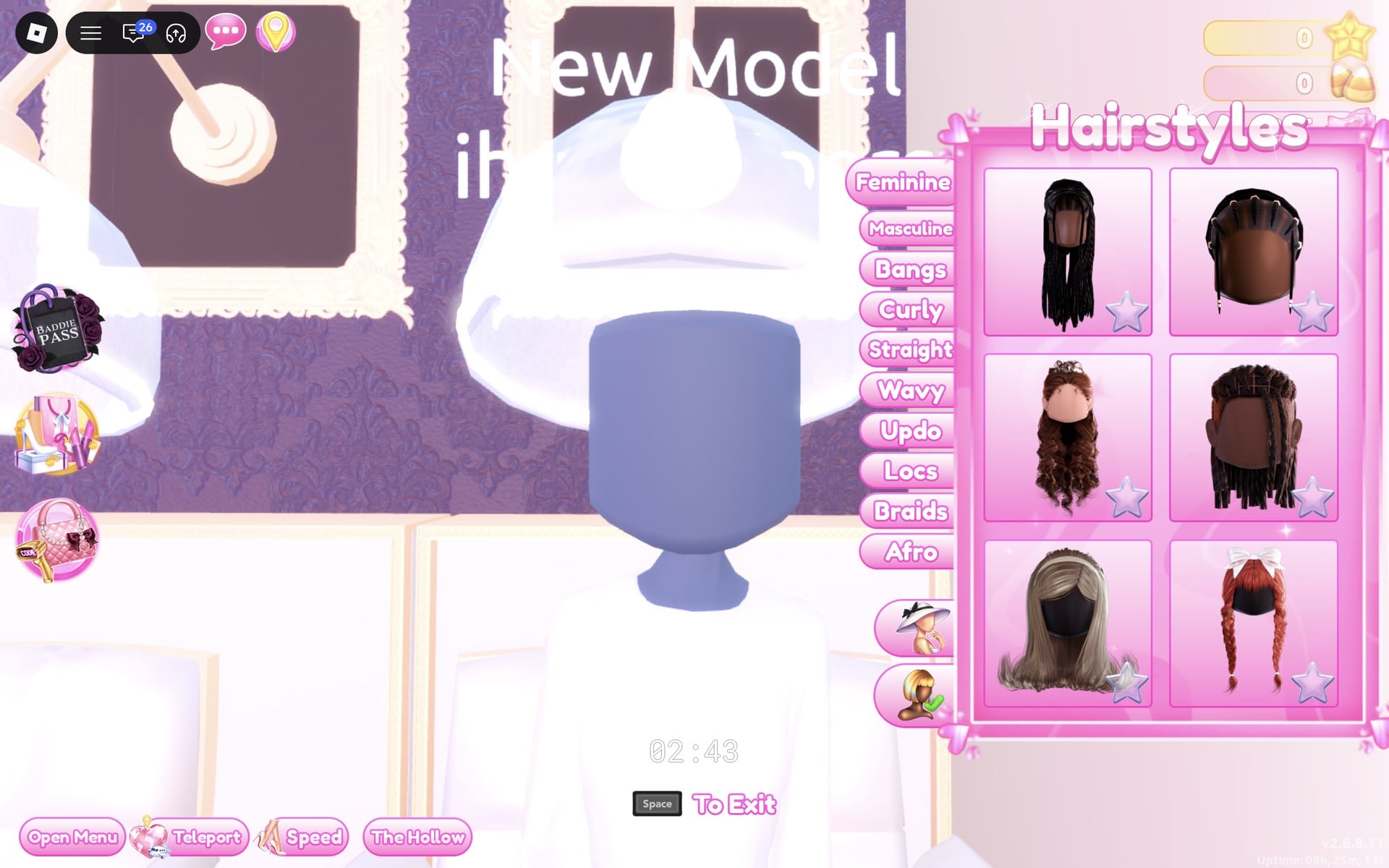Hairstyles panel at a Lana's Salon hair chair with the Feminine tab and the first six hair cards
