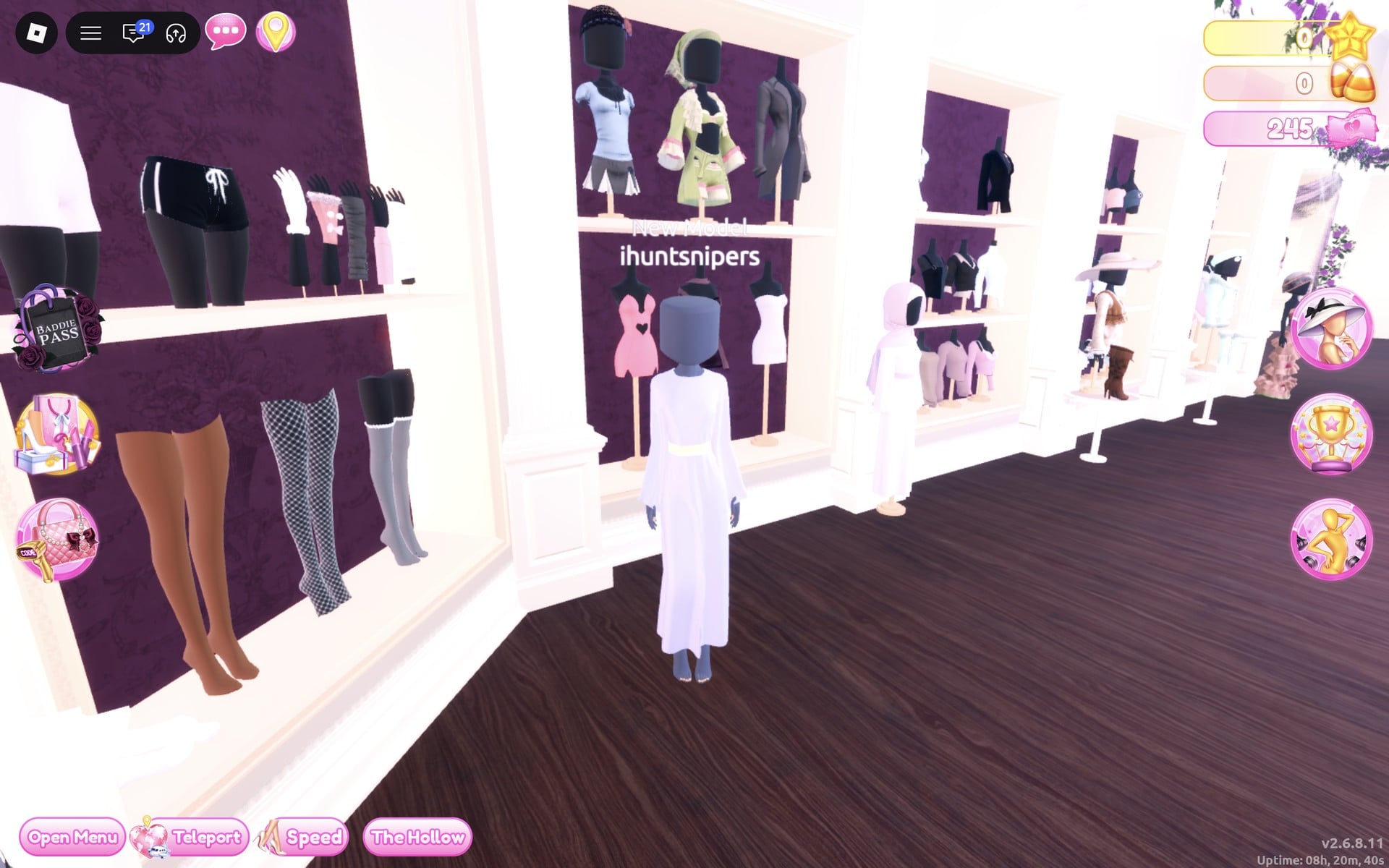 The character in the long robe beside the short-dress shelf and the leg-wear shelf, the robe reading almost white