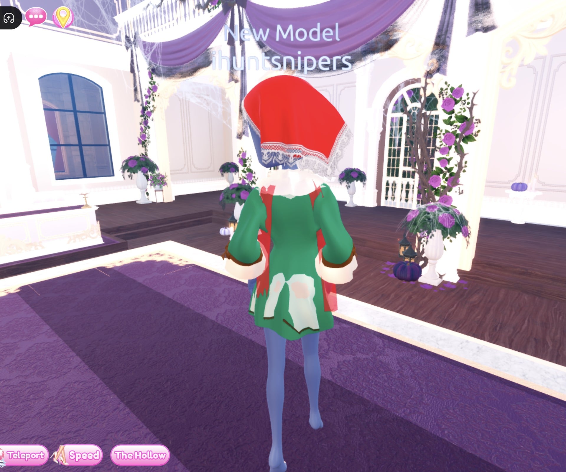 The woodland look from the back: red kerchief, dark green coat with cream cuffs and red shawl ends