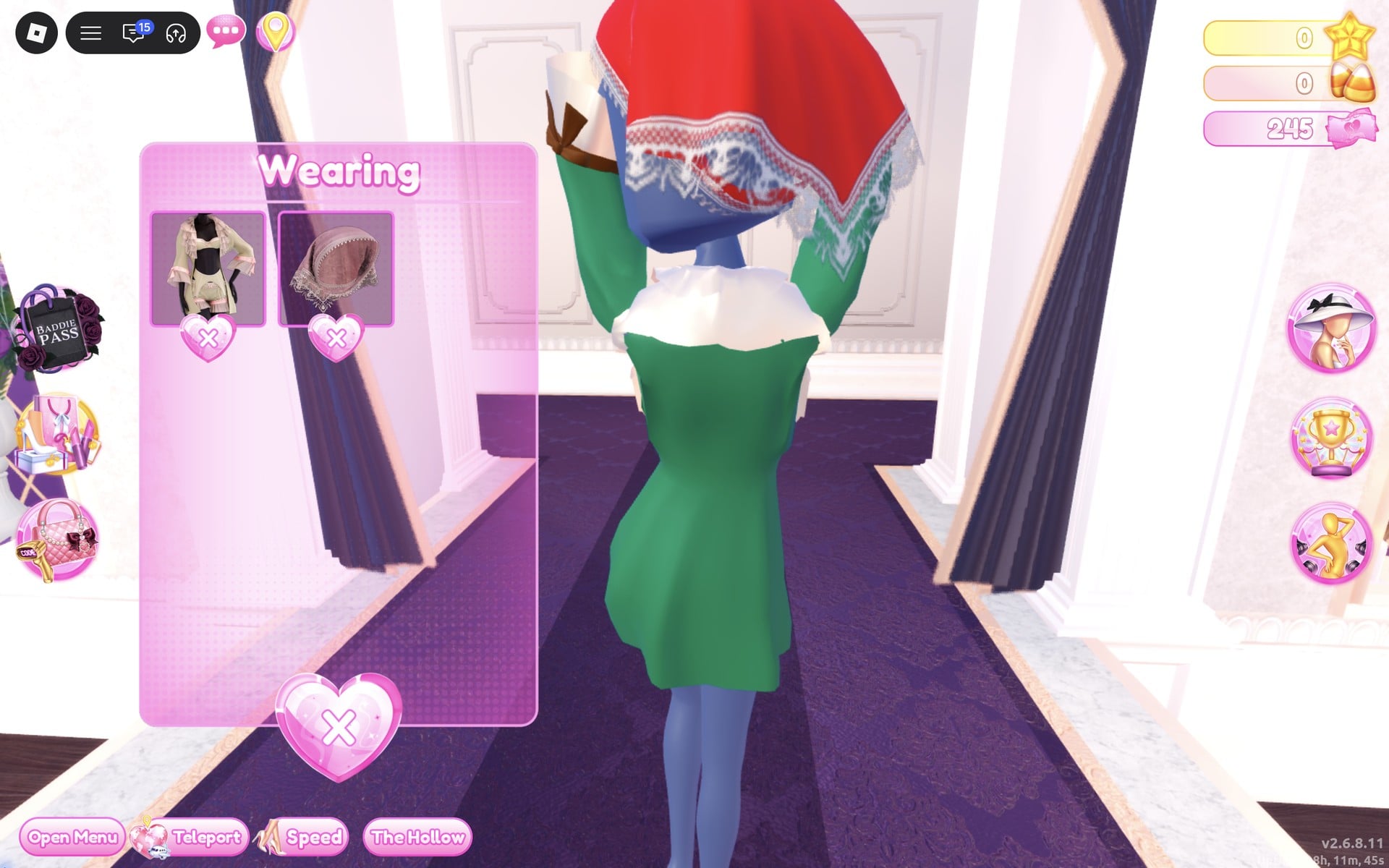 Wearing panel with two pictures, the coat and the headscarf, the character in the green coat and red kerchief