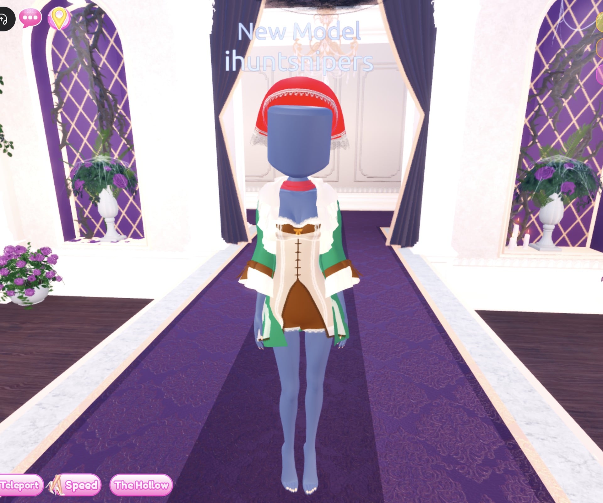 Woodland look from the front: red kerchief with a white lace edge, dark green open coat with cream ruffled cuffs, a cream laced front over a short brown dress