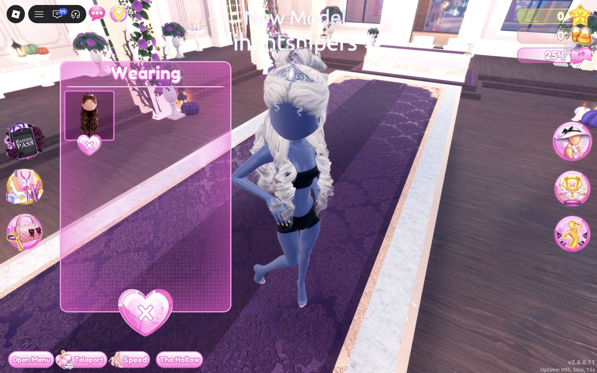 Wearing panel with only the hair, the character in the black base top and shorts with long platinum curls and a silver crown