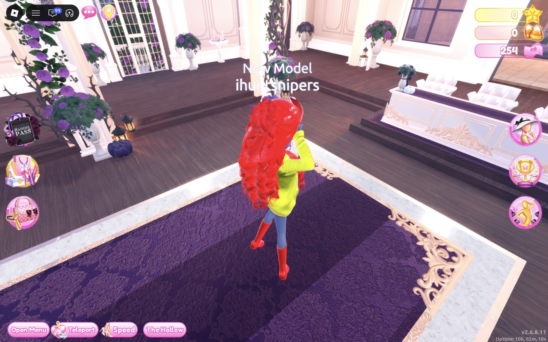 Raincoat look from behind on the Freeplay Runway, long red curls over the yellow raincoat and red boots