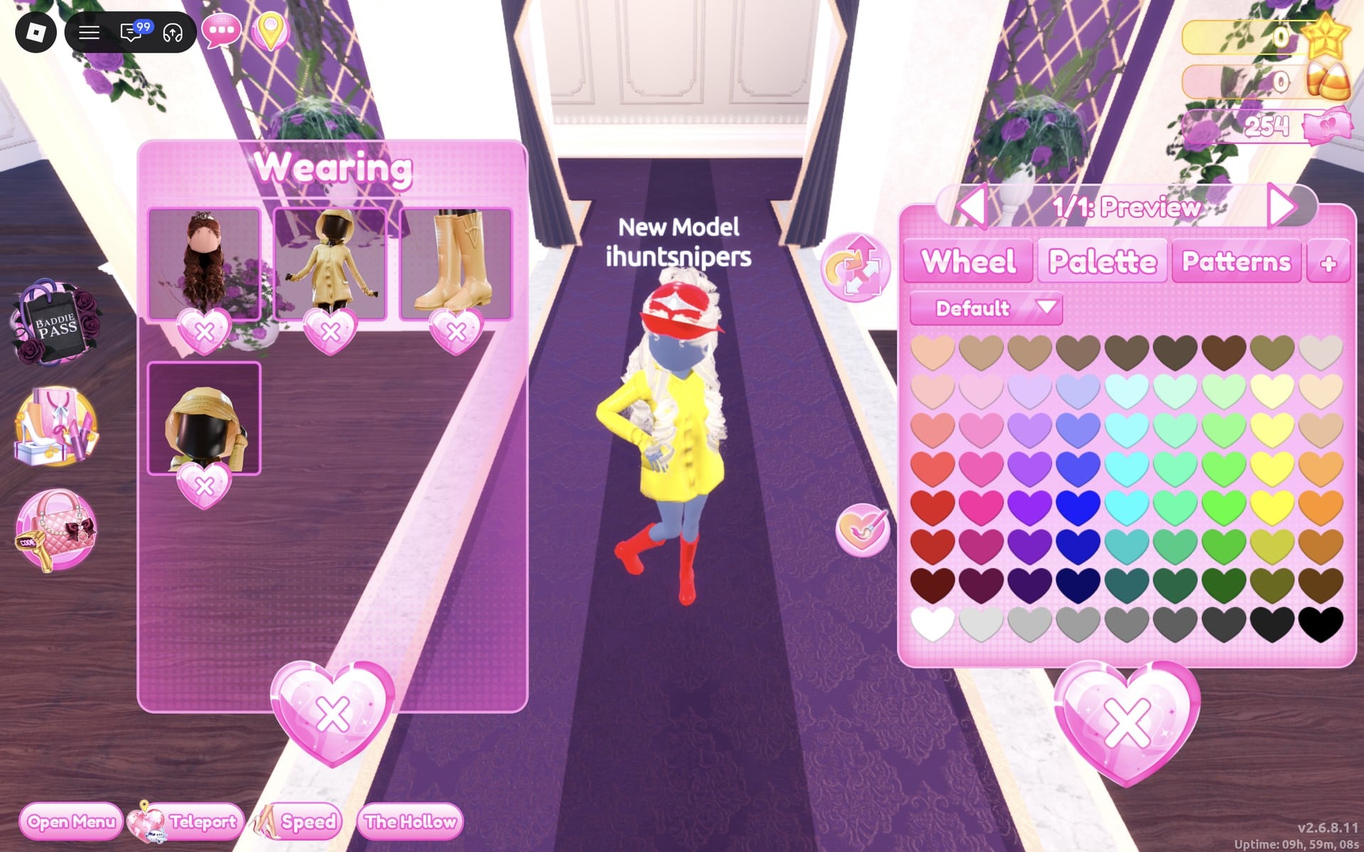 Palette tab for the hat at 1/1: Preview, the rain hat red on the character