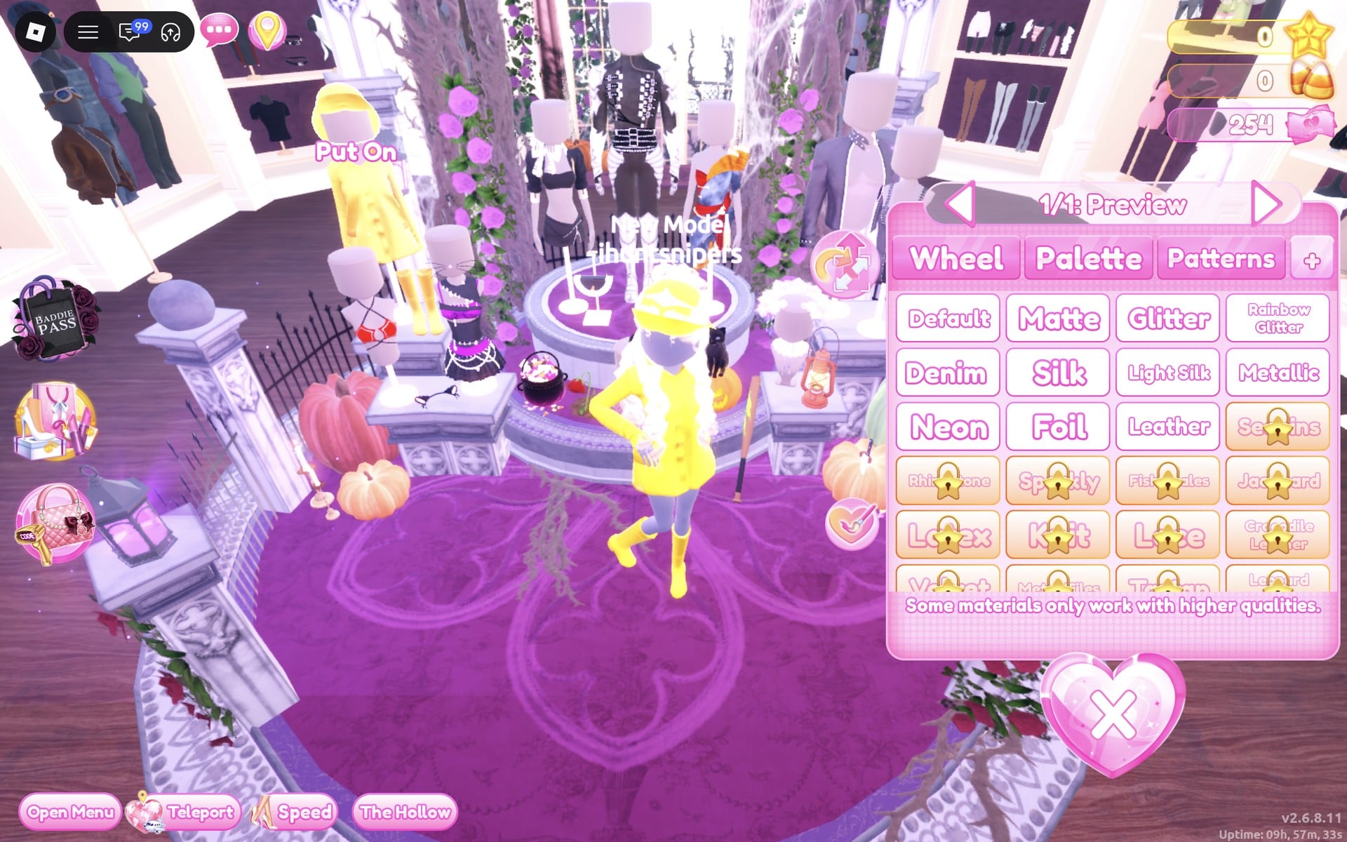 The yellow rain hat previewing on the character, a Put On label beside the mannequin, colour panel at 1/1: Preview