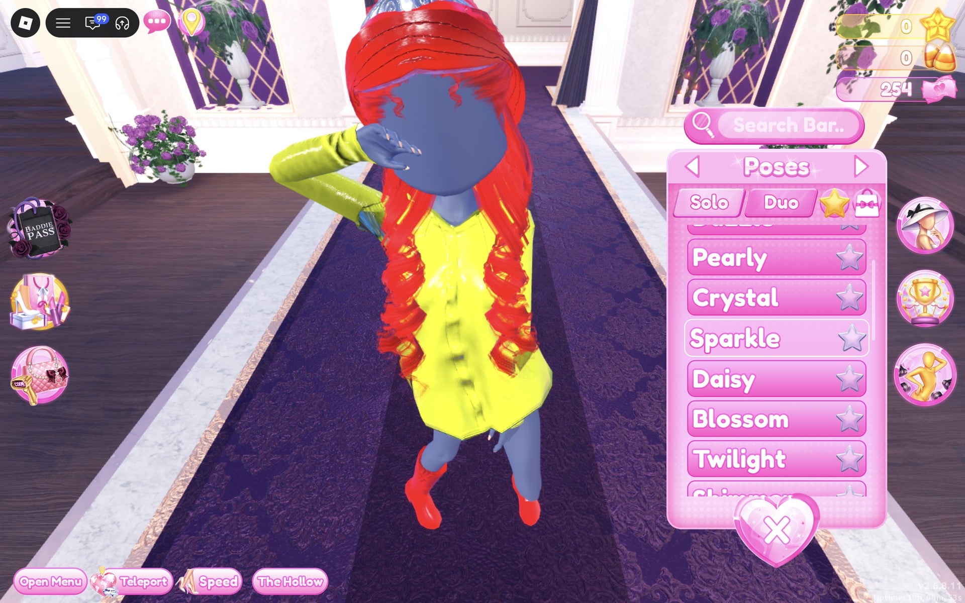 Poses menu on the Solo tab with Sparkle in the list, the raincoat look close up on the Freeplay Runway with one hand raised to the face