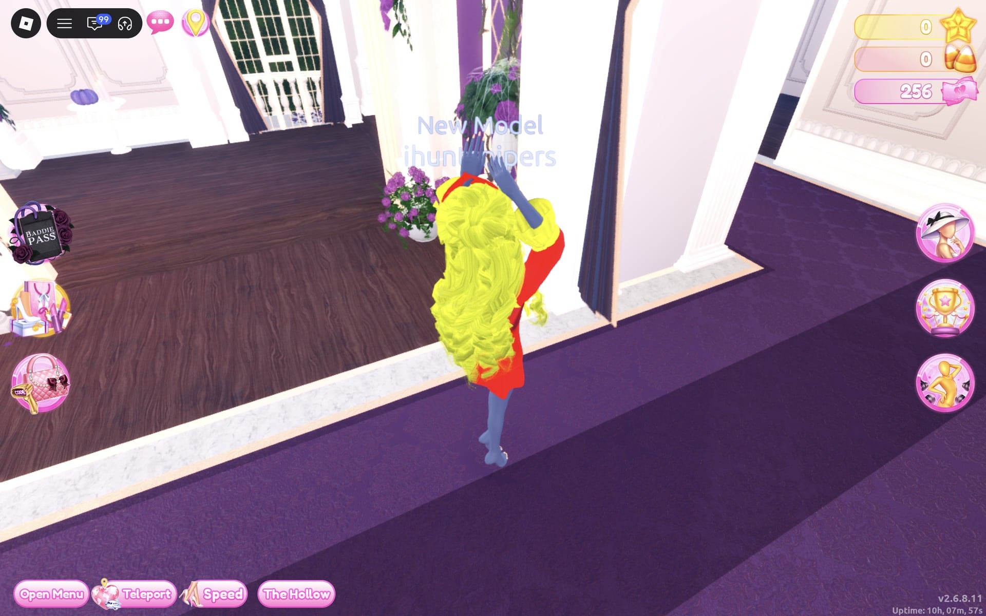 Coat look from behind in the Daisy pose, yellow curls over the red coat