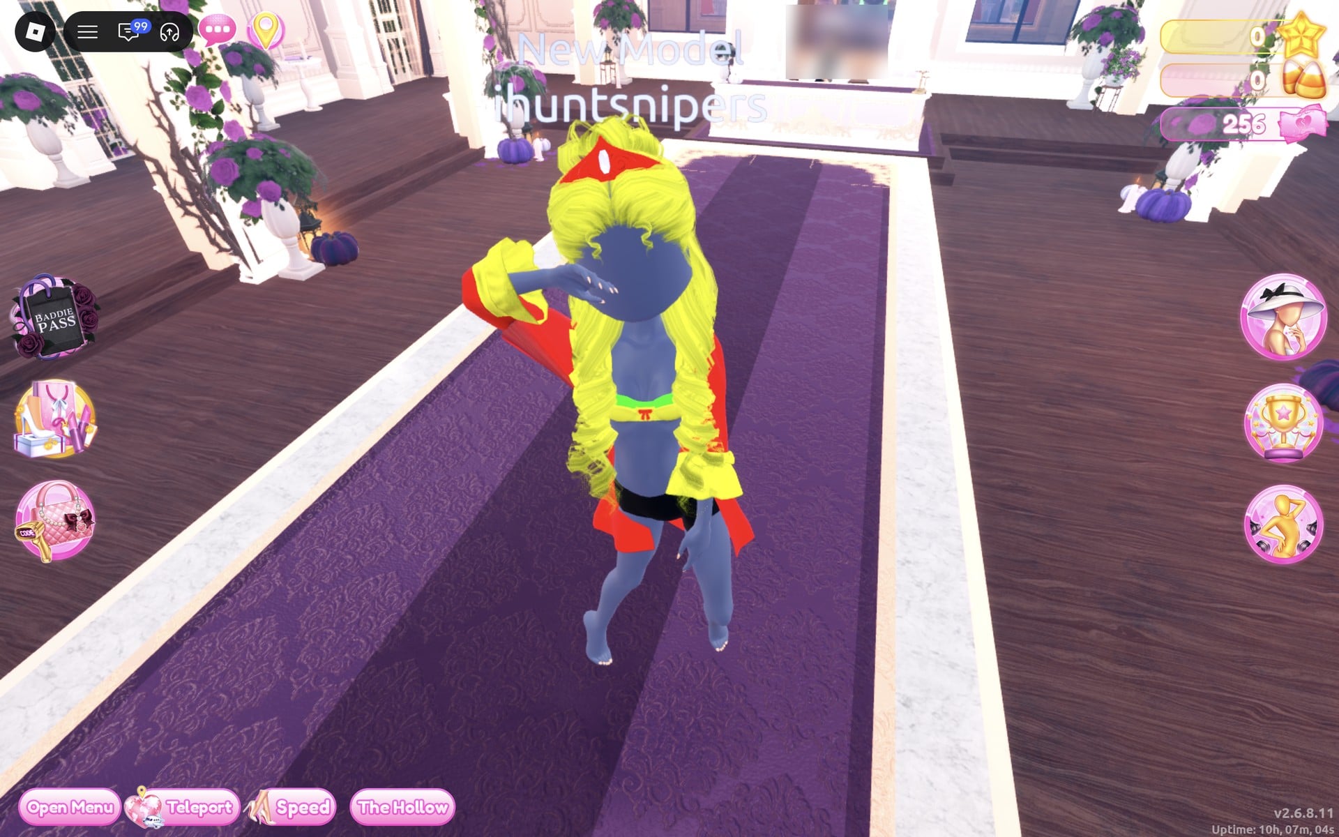 Coat look from the front on the Freeplay Runway: red coat worn open with yellow cuff ruffles, yellow top with green trim and a red bow, black base shorts, yellow curls and a red crown
