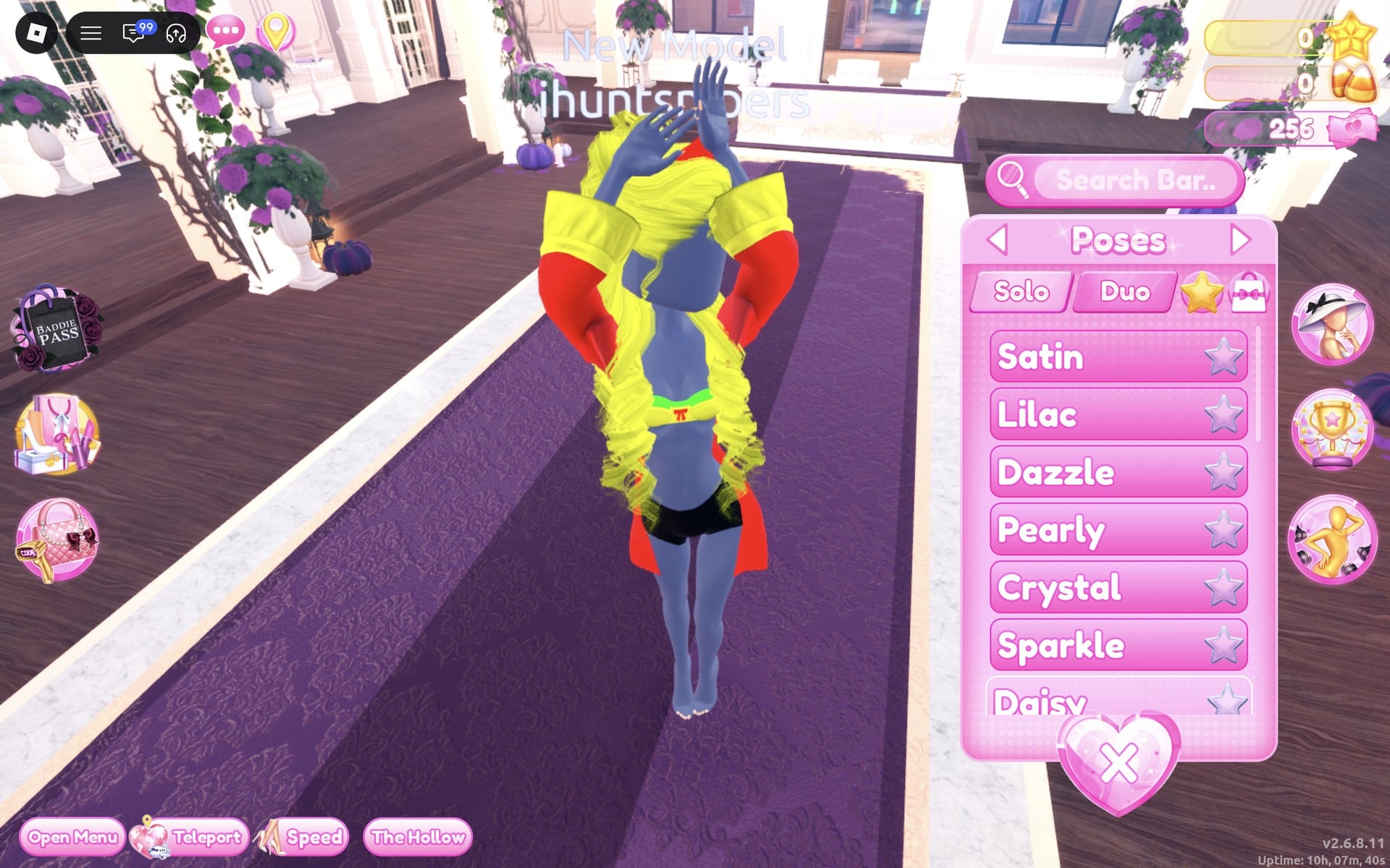 Poses menu on the Solo tab, the coat look in the Daisy pose with both arms over the head