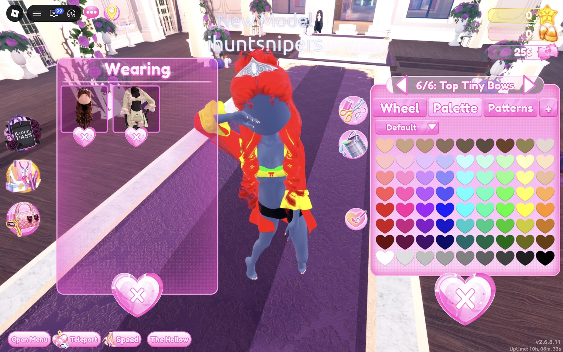 Palette tab at 6/6: Top Tiny Bows, a small red bow on the yellow top