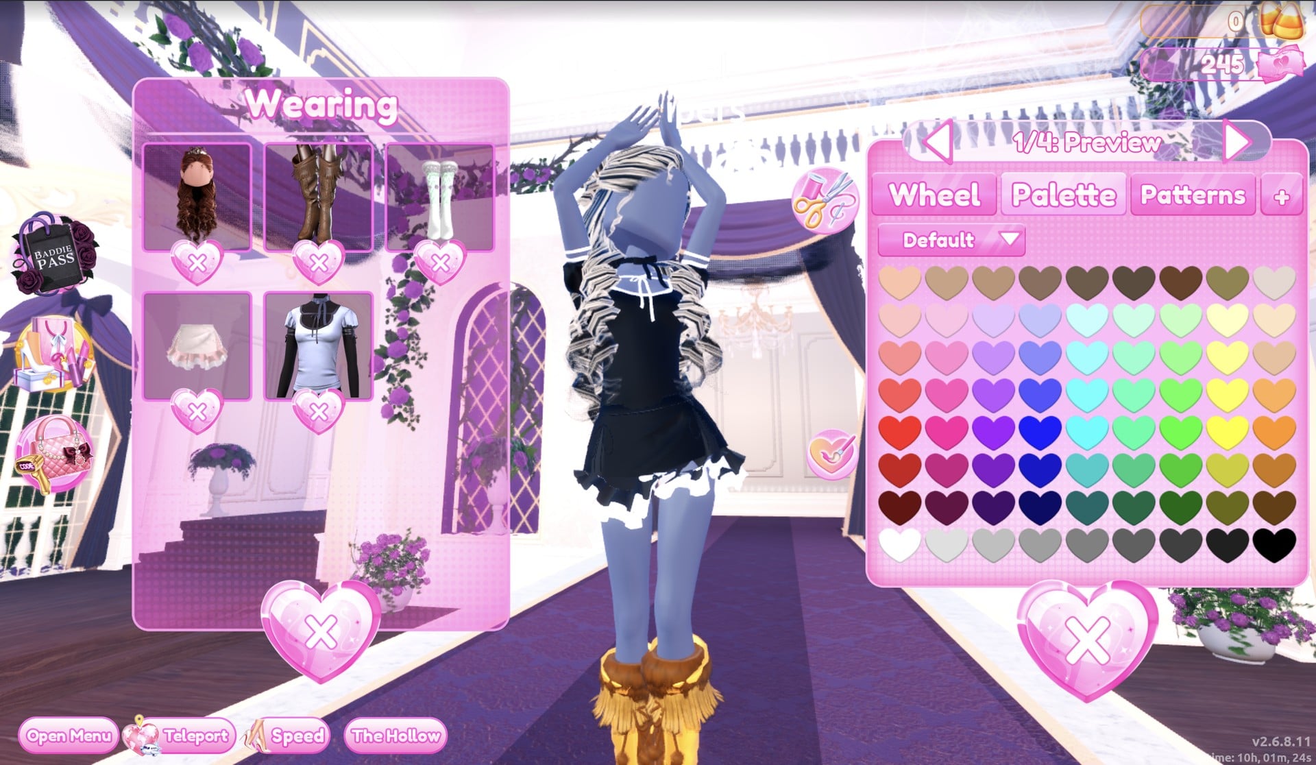 Palette tab of the colour panel on the hair's 1/4: Preview part, Default palette grid of hearts, the curls turning black