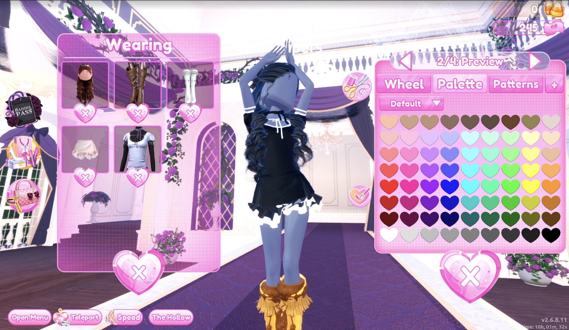 The hair's 2/4: Preview part on the Palette tab, long black curls on the character