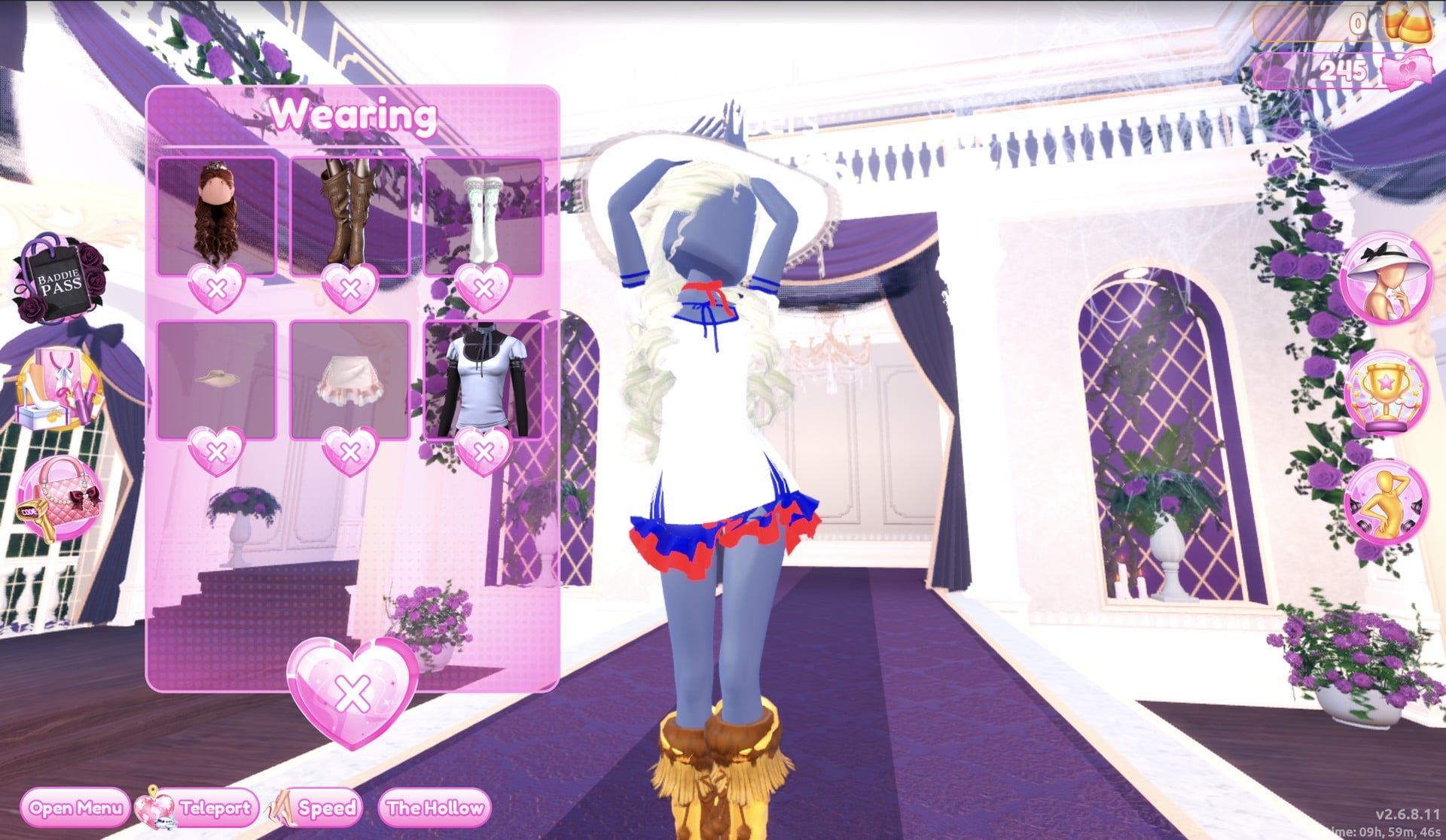 Wearing panel listing hair, boots, socks, hat, skirt and shirt, the character in a white sailor shirt, white, navy and red ruffle skirt and white sun hat