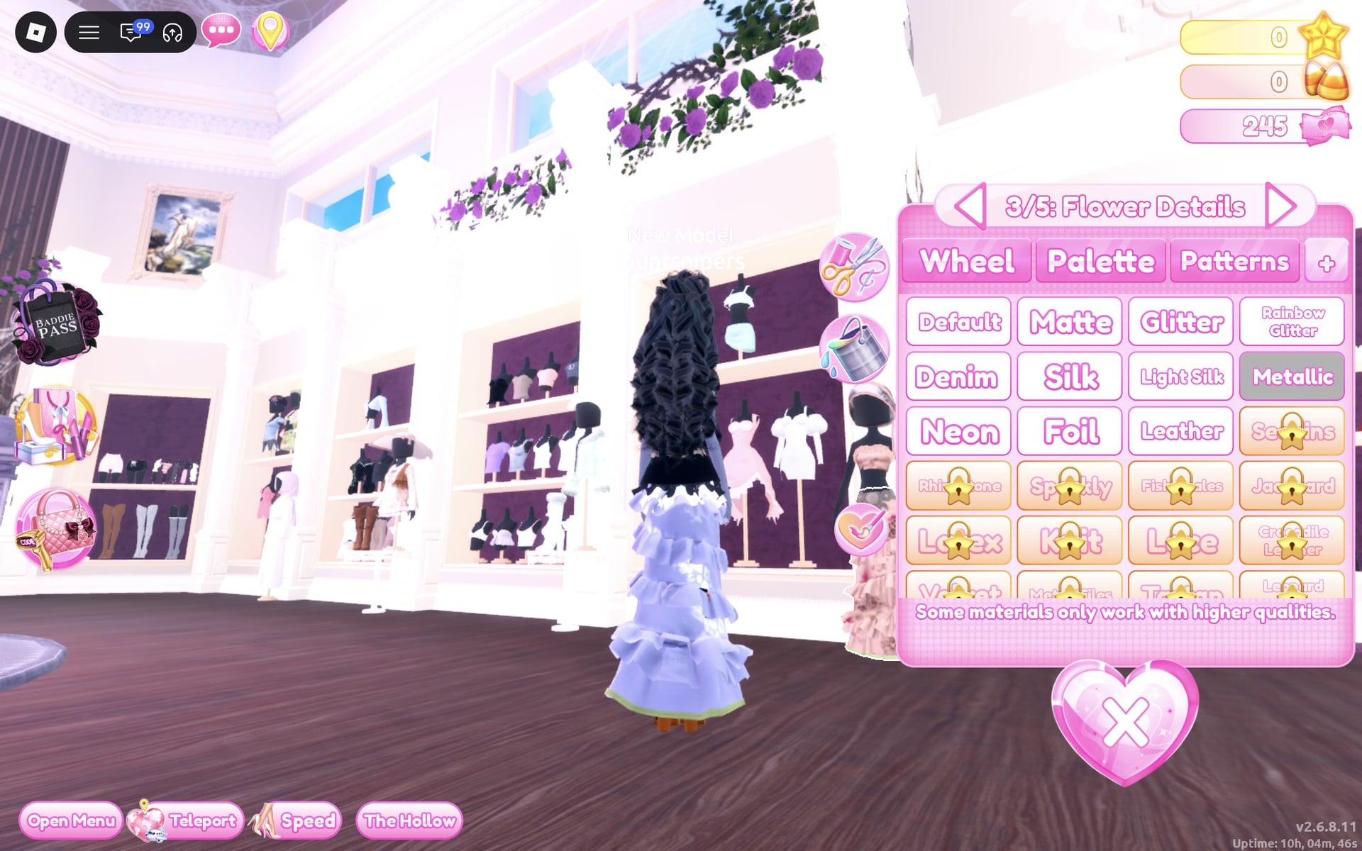 The gown's 3/5: Flower Details part with Metallic selected in the + tab