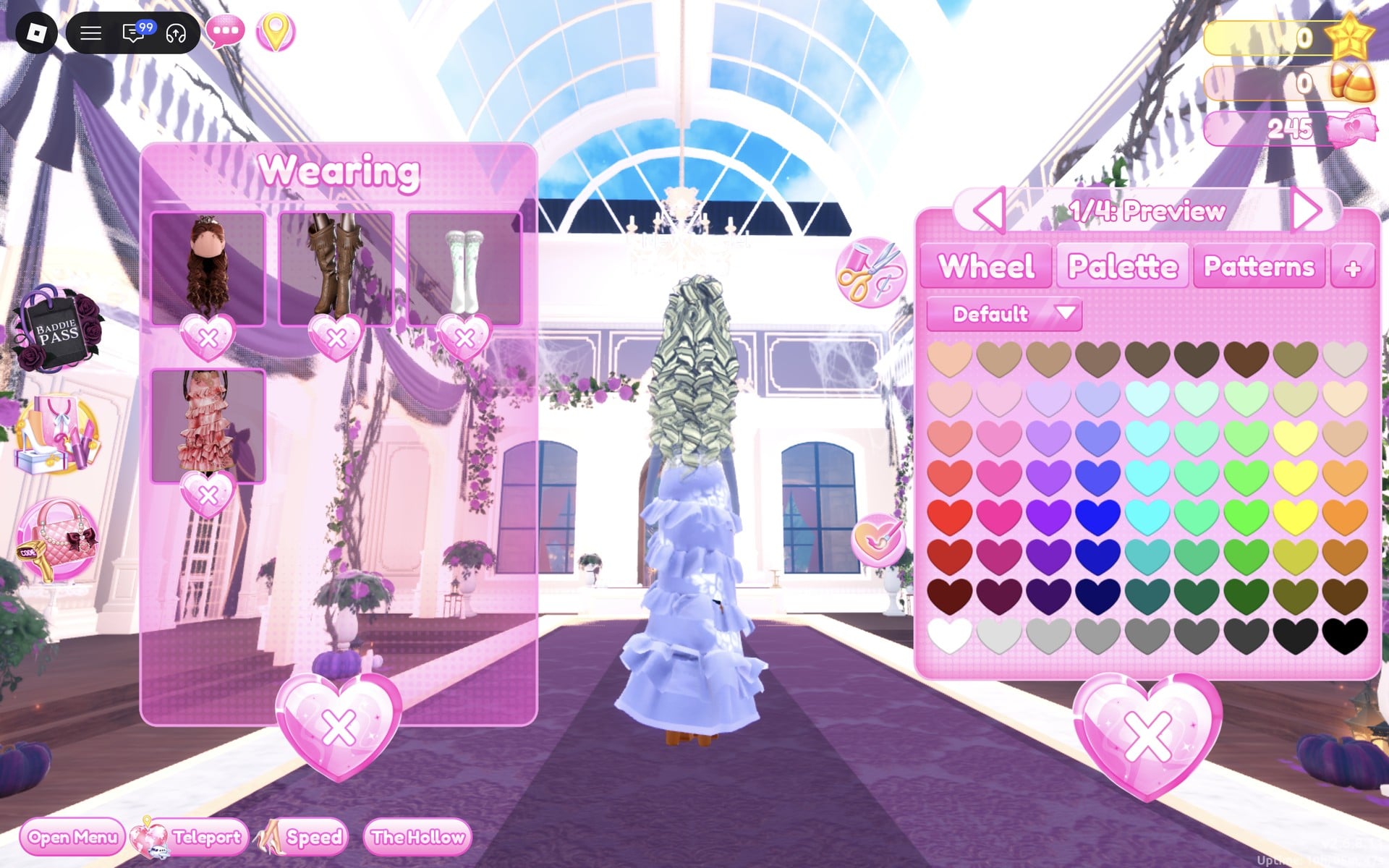 Palette tab on the hair's 1/4: Preview part, the curls turning pale over the pale blue gown