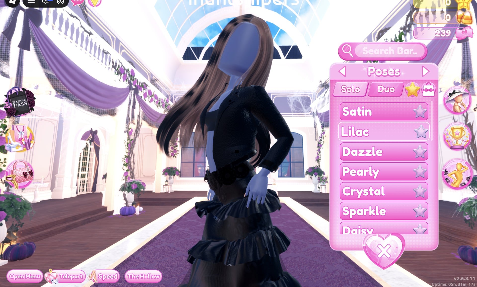 Poses panel on the Solo tab listing Satin, Lilac, Dazzle, Pearly, Crystal, Sparkle and Daisy, character in the Lilac pose