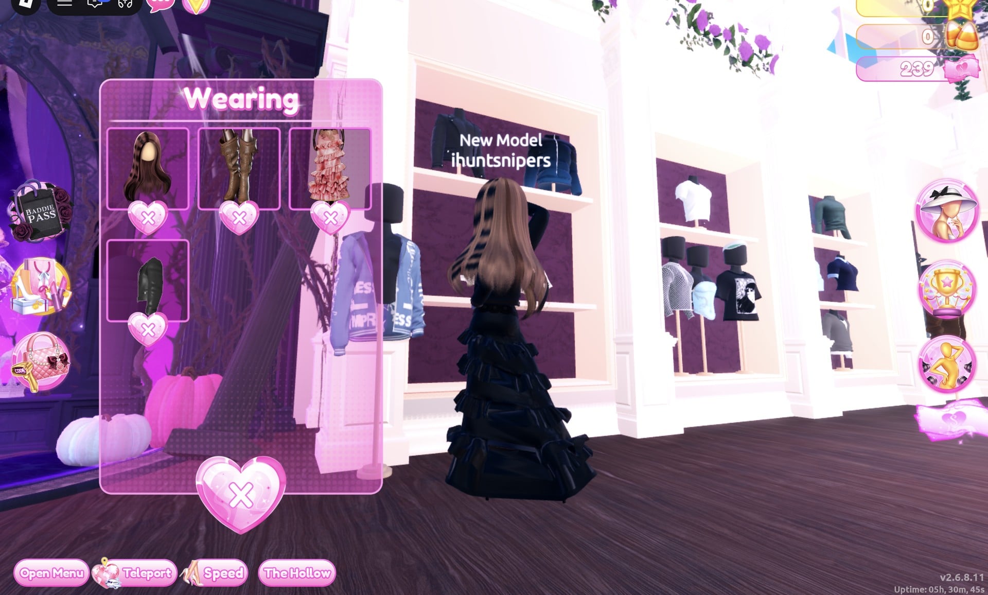 Wearing panel listing the hair, boots, gown and the black jacket, all-black gown on the character