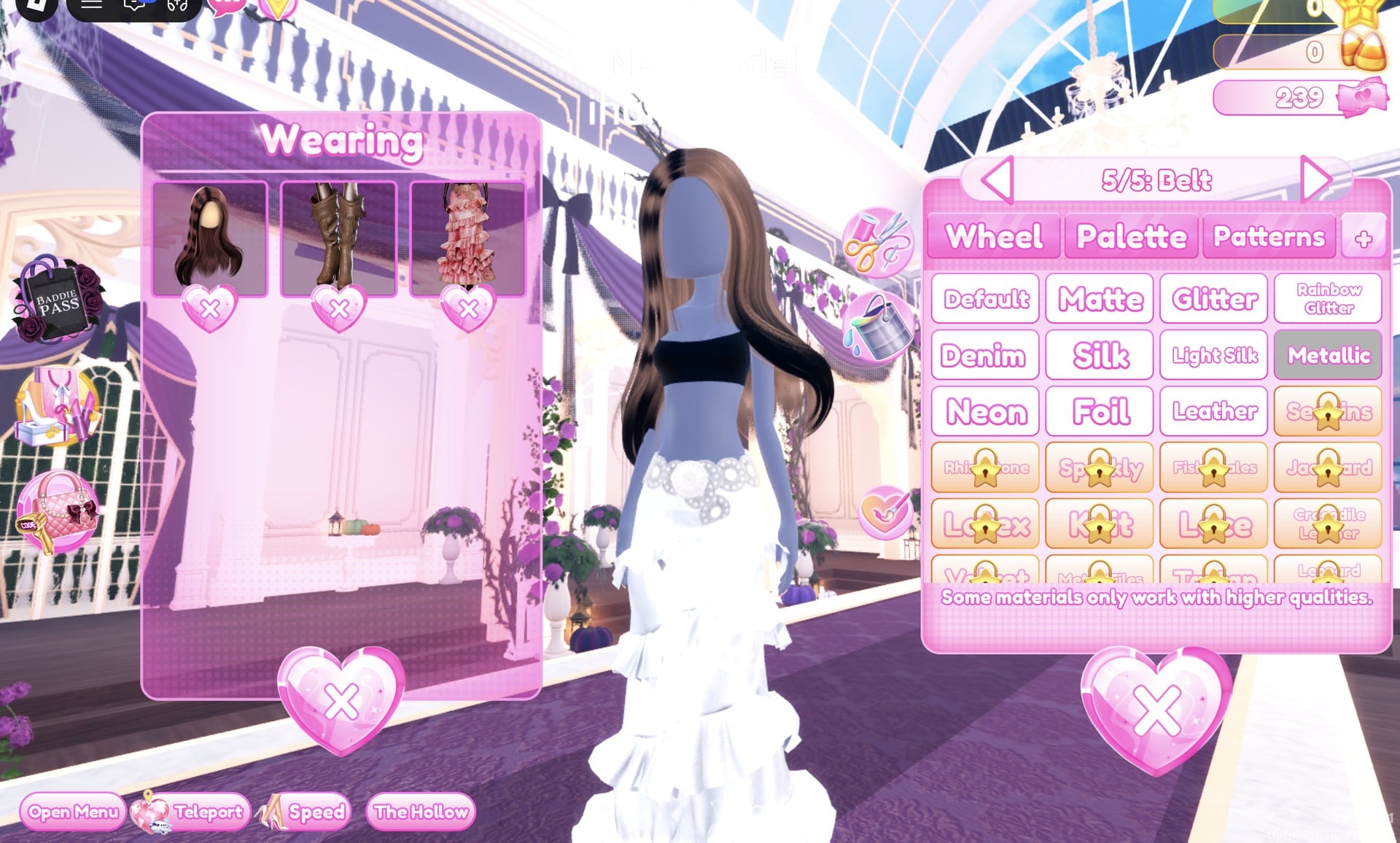 The gown's 5/5: Belt part with Metallic selected; the belt shows silver on the white gown