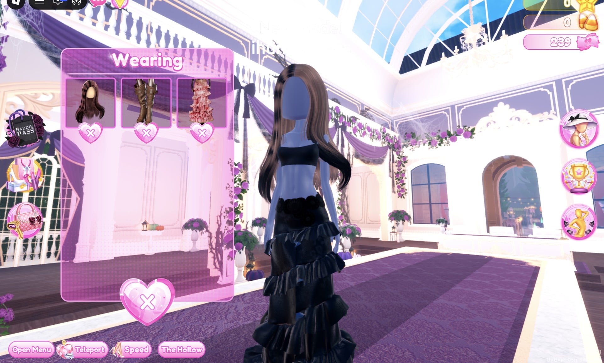 Wearing panel with the hair, boots and black gown after the jacket was taken off