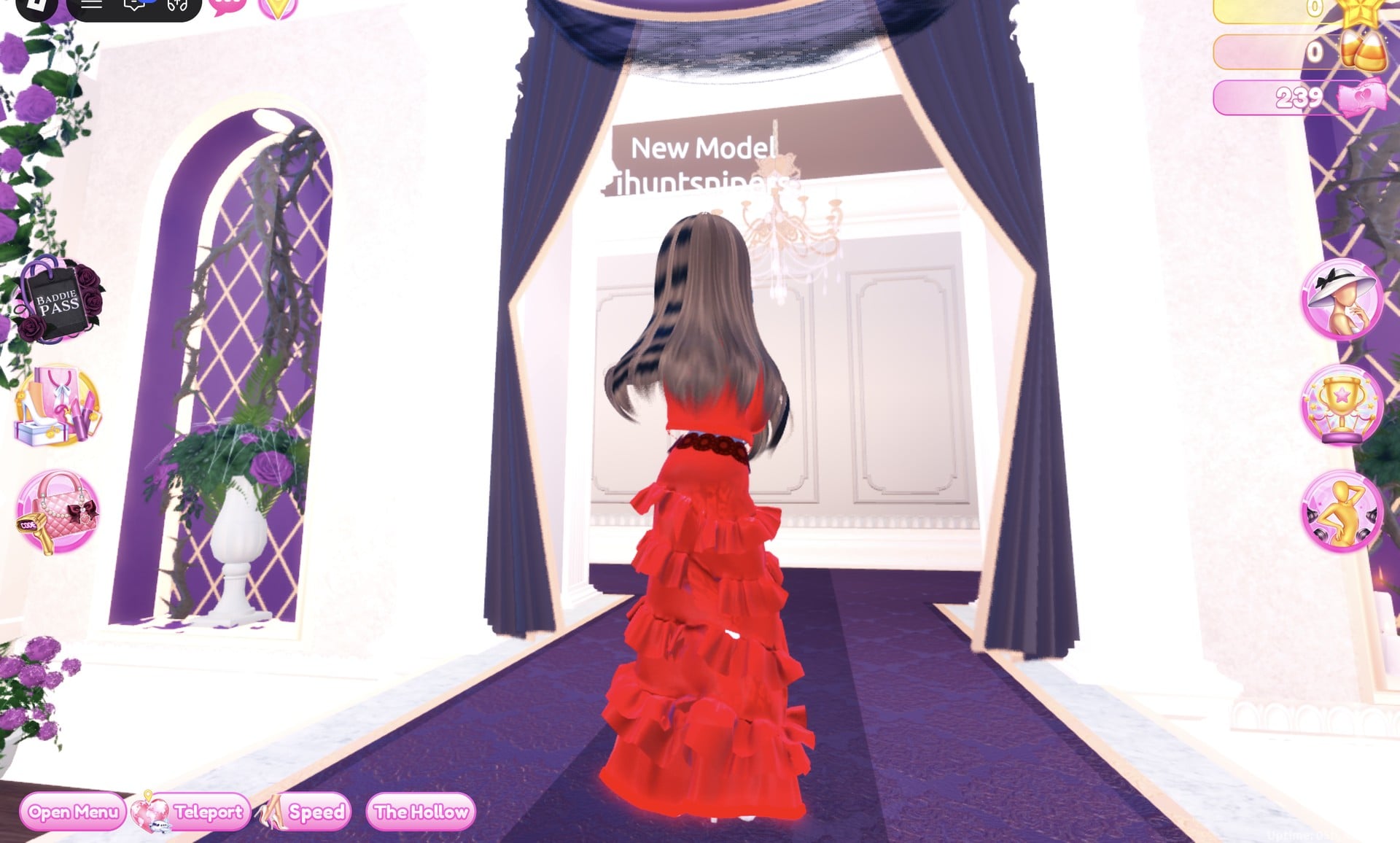 All-red look from the back: long brown hair, red jacket, deep red belt and red tiered gown
