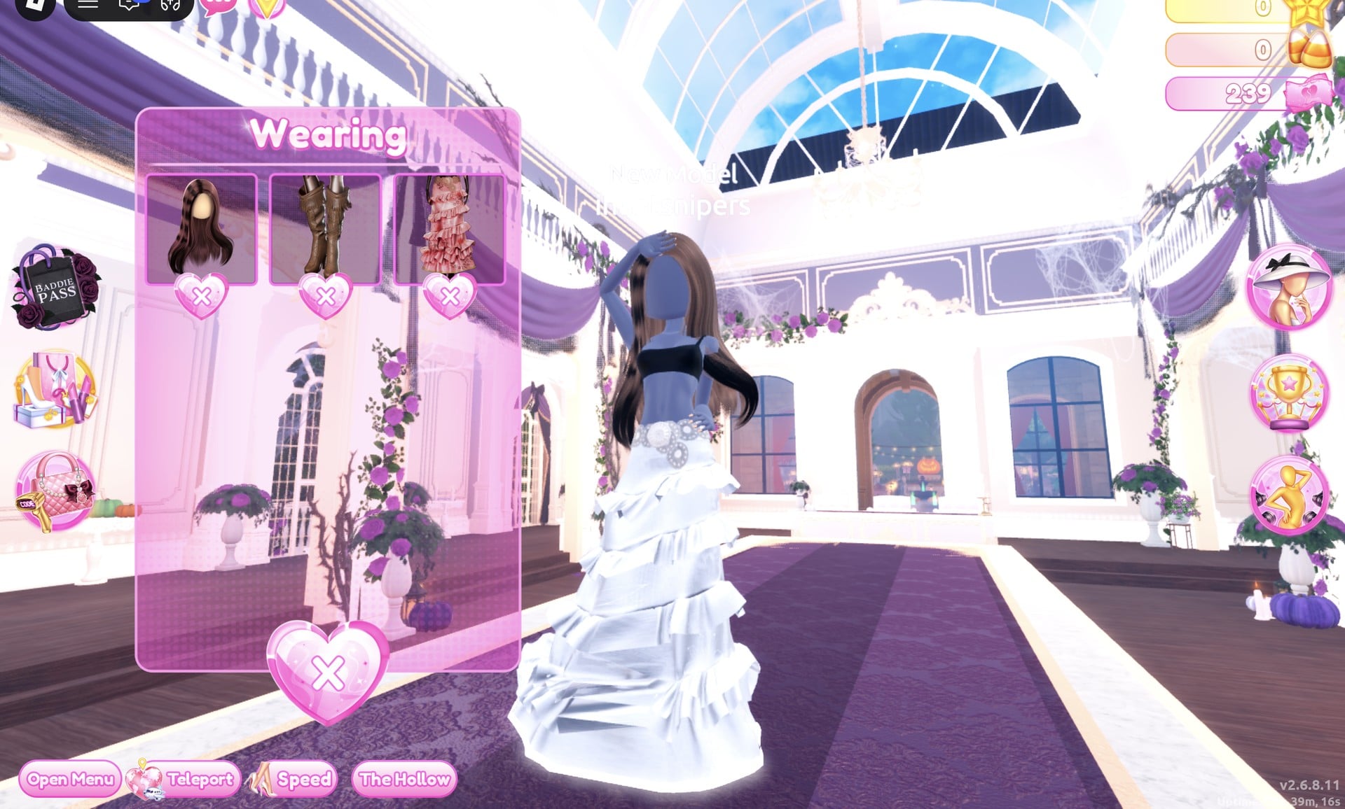 Wearing panel with the hair, boots and white gown after the cardigan was taken off