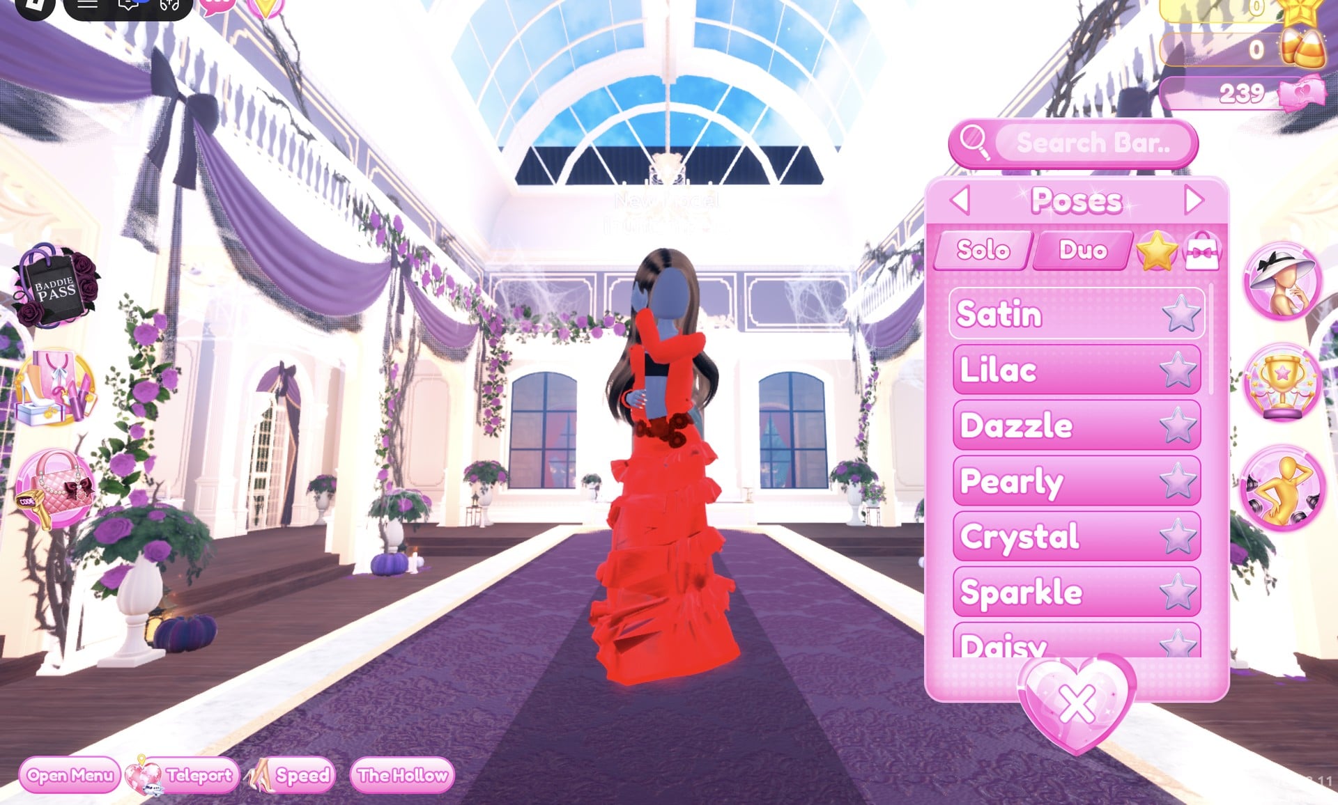 Poses panel on the Solo tab with the character in the Satin pose