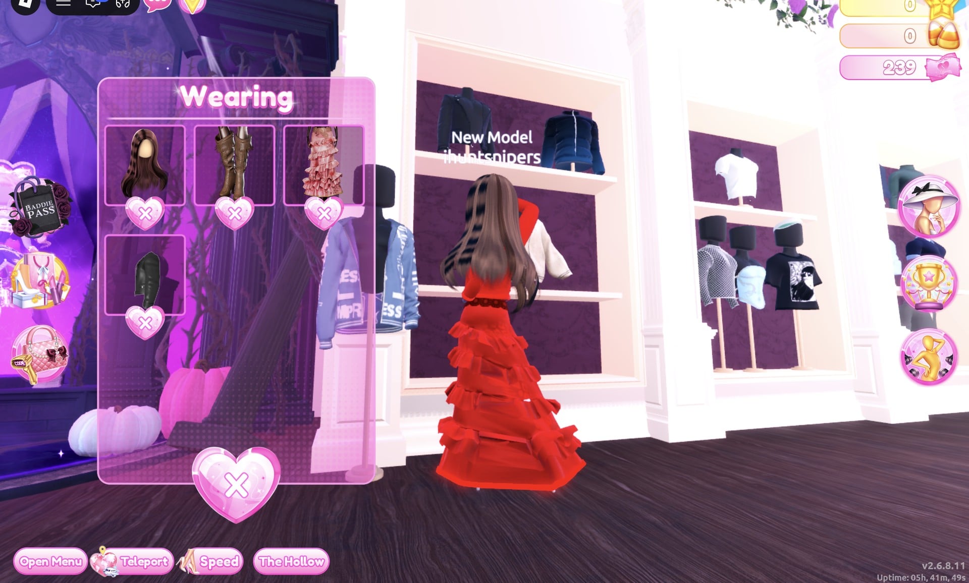 Wearing panel listing the hair, boots, red gown and the red jacket