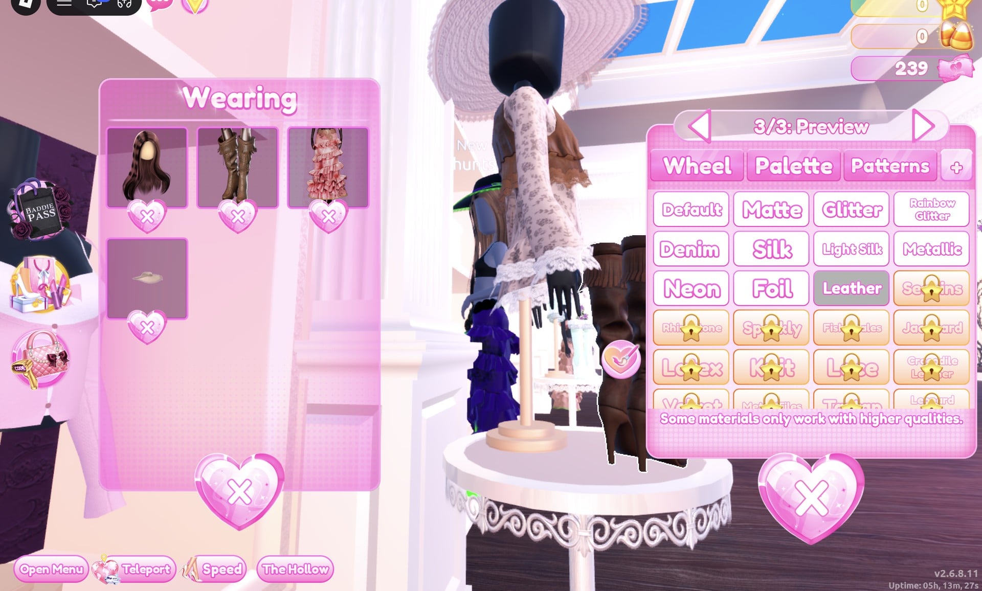 Wearing panel with the hair, boots, gown and hat, and the boots' 3/3: Preview part set to Leather