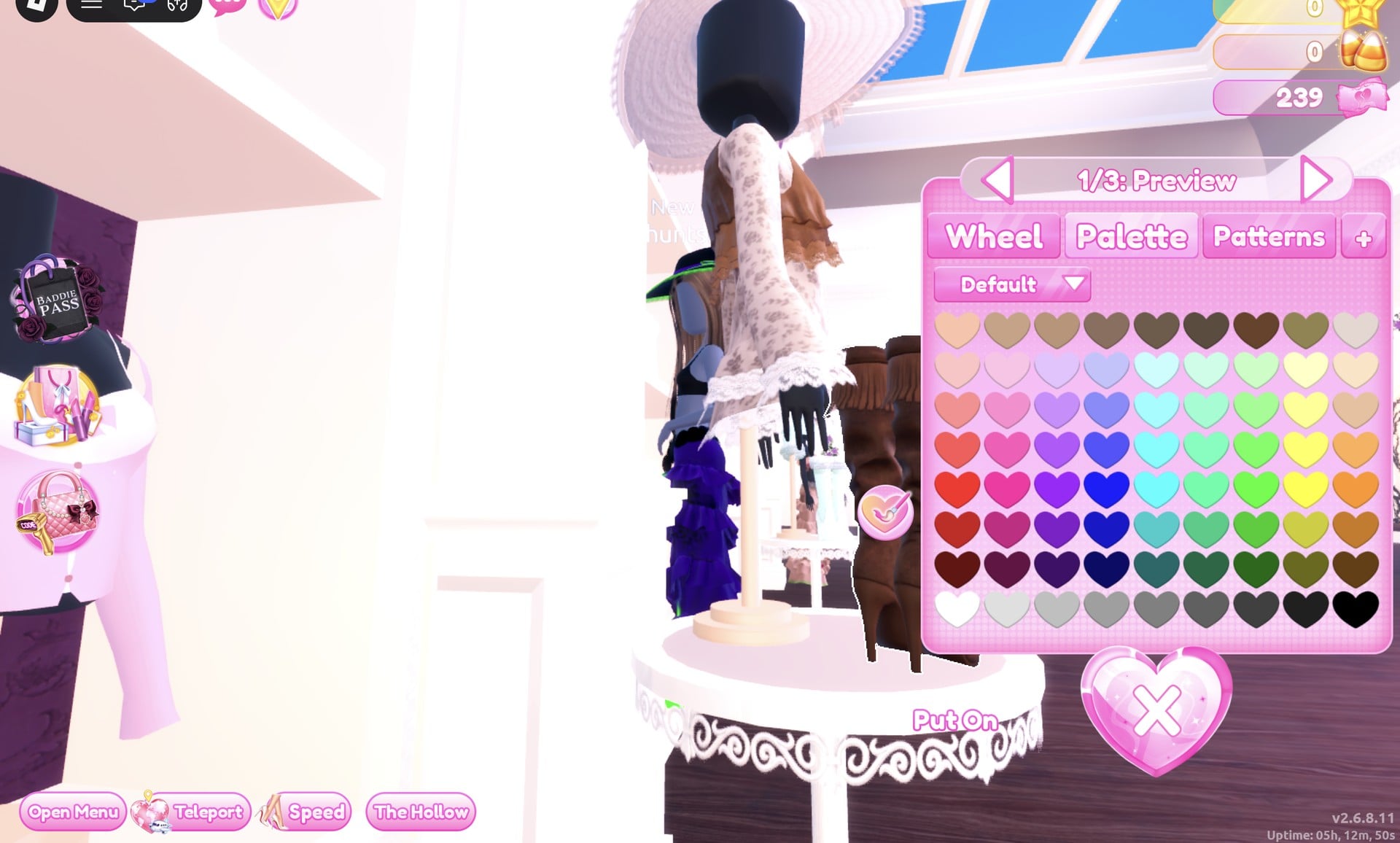 The hat's colour panel on the Palette tab with the Put On button below the mannequin